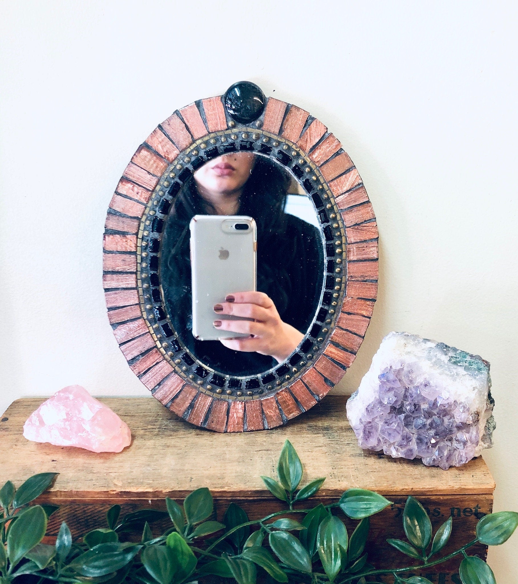 Vintage Mirror, Small Mirror, Vintage Home Decor, Wall Decor, Mosaic Mirror, Copper Toned Tile, Tile Mirror, Copper and Black, Wall Hanging