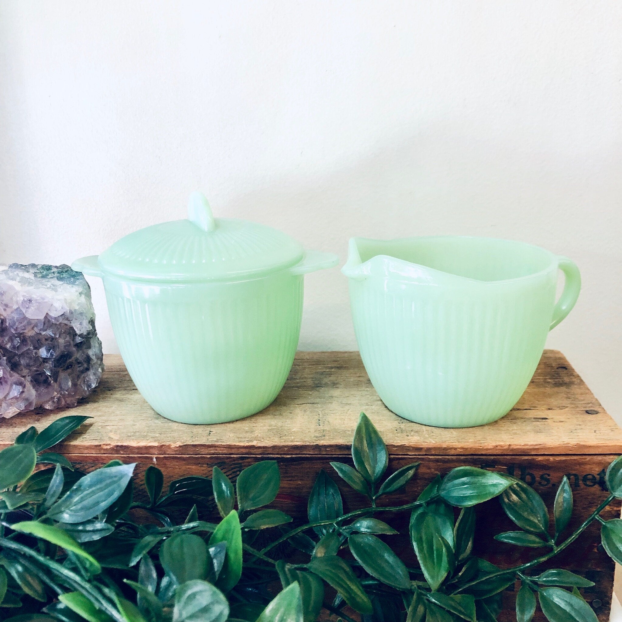 Fire King Jane Ray Jadeite Cream and Sugar Bowl, Vintage Jadeite Creamer Sugar Set, Fire King Collectible Glassware, Green Milk Glass, Green