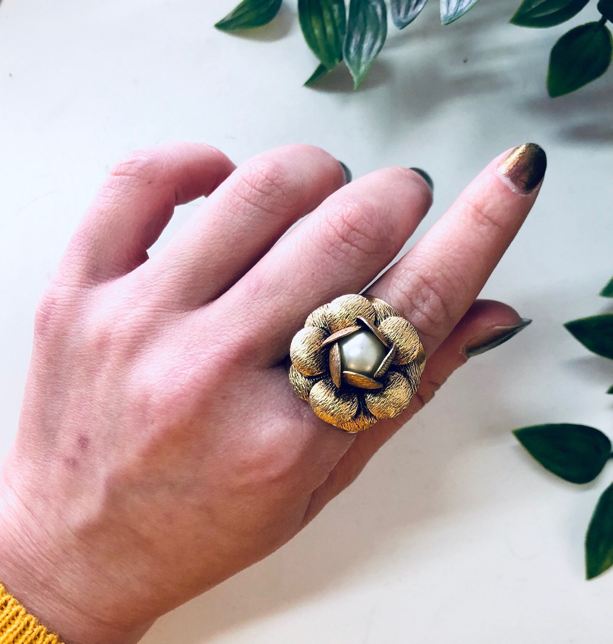 Vintage Gold Ring, Gold Toned Ring, Faux Pearl Ring, Adjustable Ring, Flower Ring, Large Ring, Floral Design, Floral Filagree, Cocktail Ring