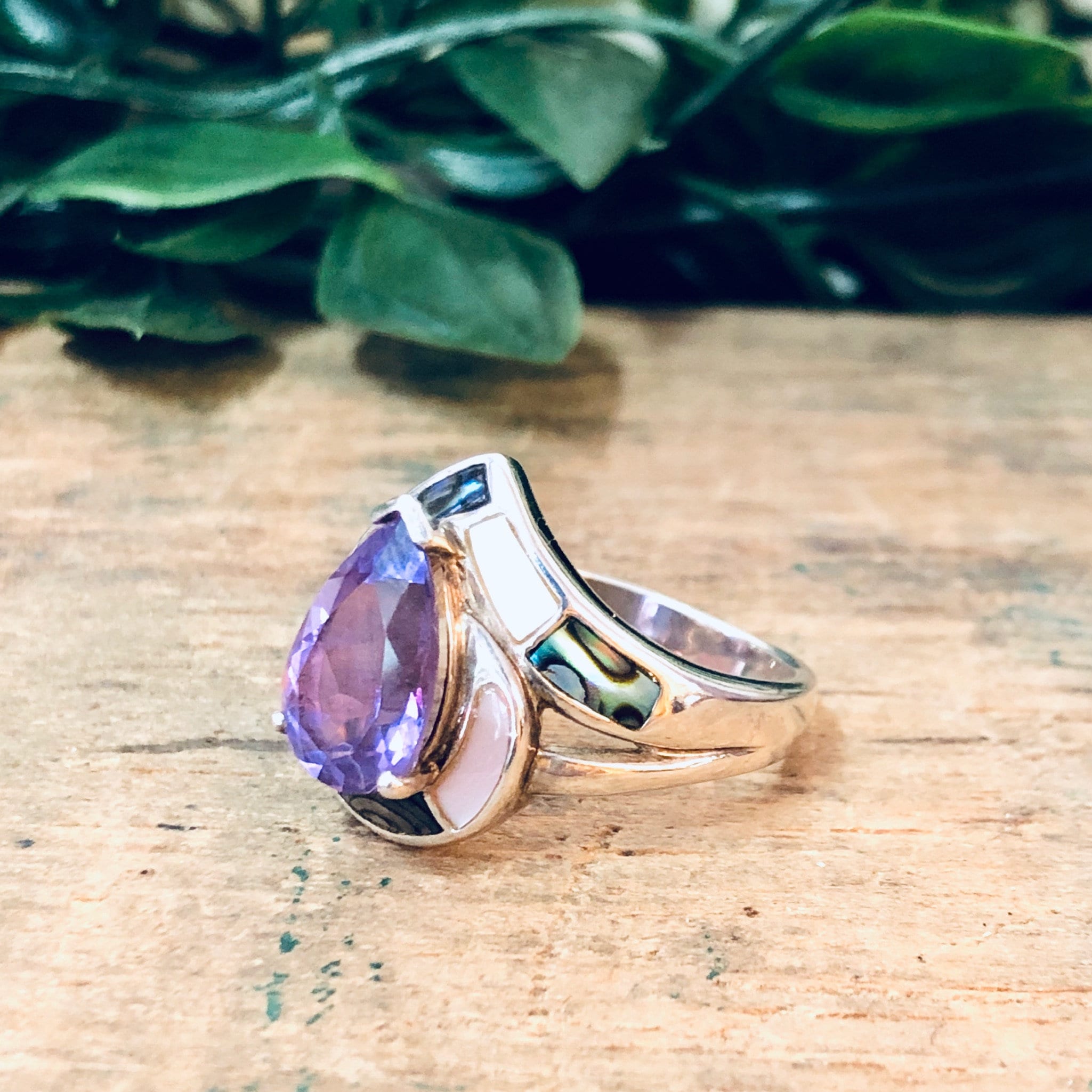 Vintage Silver Ring, Amethyst Stone, Mother Of Pearl Ring, Abalone Jewelry, Teardrop Shaped Stone, Purple Jewelry, Unique Jewelry, 925 Ring