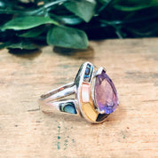 Vintage Silver Ring, Amethyst Stone, Mother Of Pearl Ring, Abalone Jewelry, Teardrop Shaped Stone, Purple Jewelry, Unique Jewelry, 925 Ring