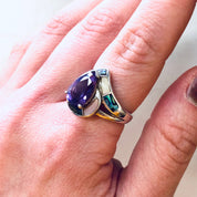 Vintage Silver Ring, Amethyst Stone, Mother Of Pearl Ring, Abalone Jewelry, Teardrop Shaped Stone, Purple Jewelry, Unique Jewelry, 925 Ring