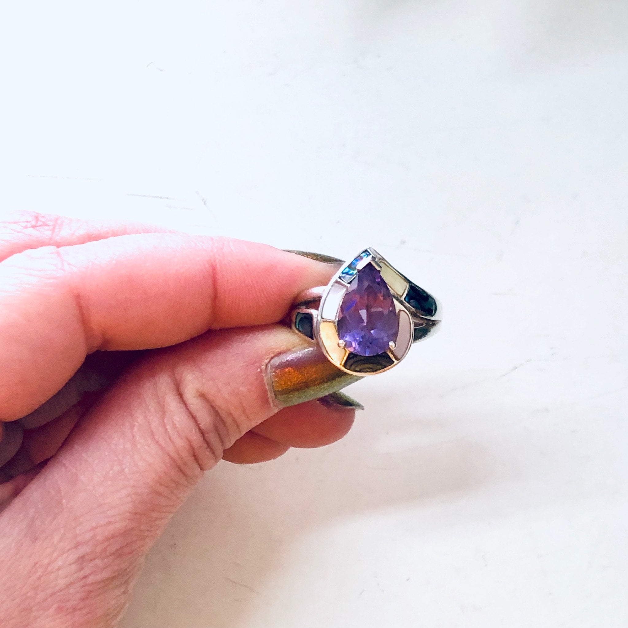 Vintage Silver Ring, Amethyst Stone, Mother Of Pearl Ring, Abalone Jewelry, Teardrop Shaped Stone, Purple Jewelry, Unique Jewelry, 925 Ring