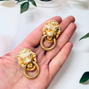 Vintage Earrings, Clip On Earrings, Lion Door Knocker Earrings, Large Earrings, Costume Jewelry, Gold Toned Earrings, Vintage Jewelry, Lion