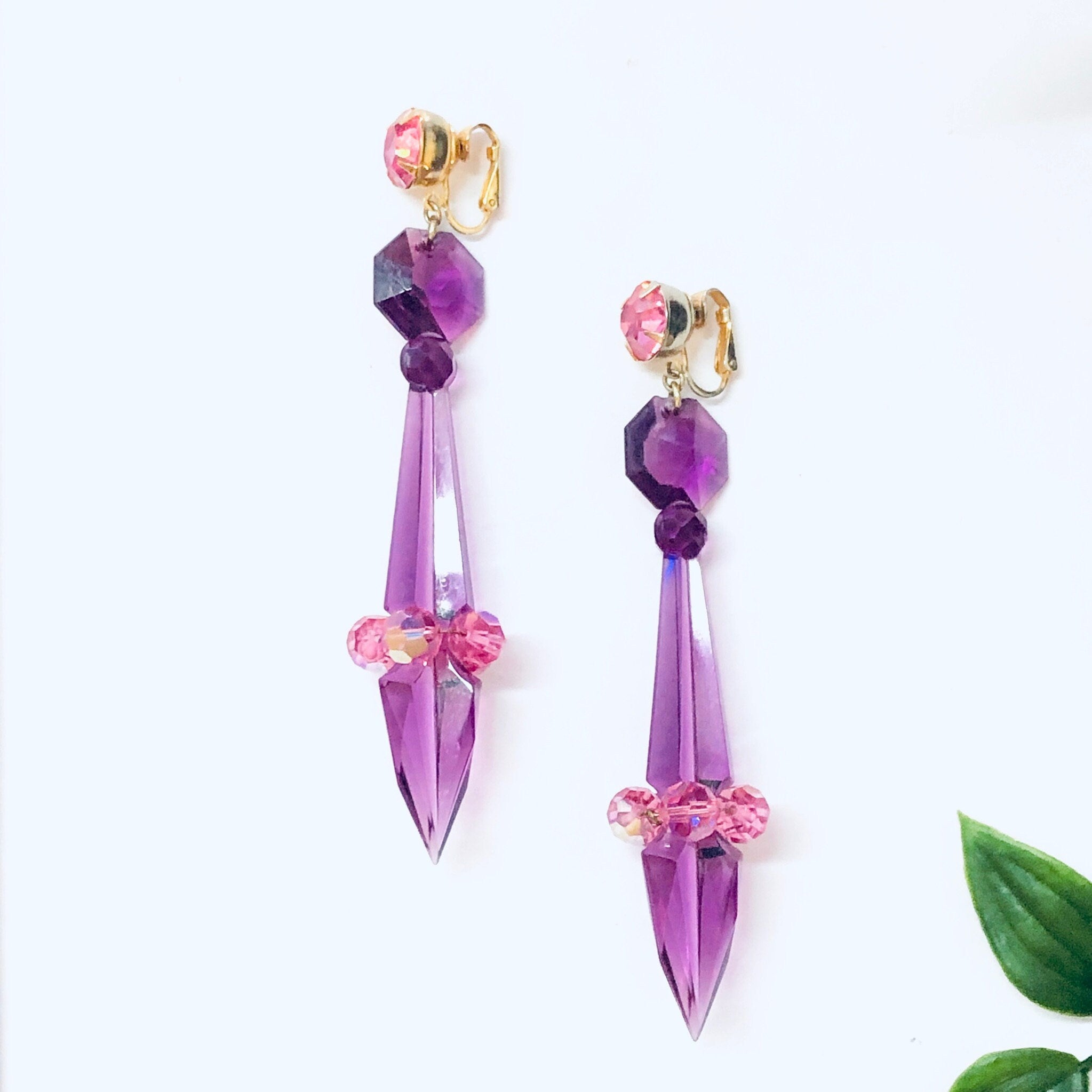Vintage Earrings, Clip On Earrings, Statement Jewelry, Purple Earrings, Large Earrings, Plastic Jewelry, Unique Jewelry, Vintage Jewelry
