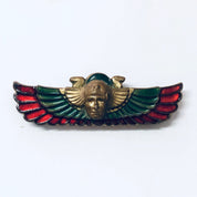 Vintage Brooch, 1920s Pin, Egyptian Revival Pin, Enameled Pin, Egyptian Jewelry, Winged Pin, Green Pin, Red Pin, Brass Tone, Vintage Jewelry