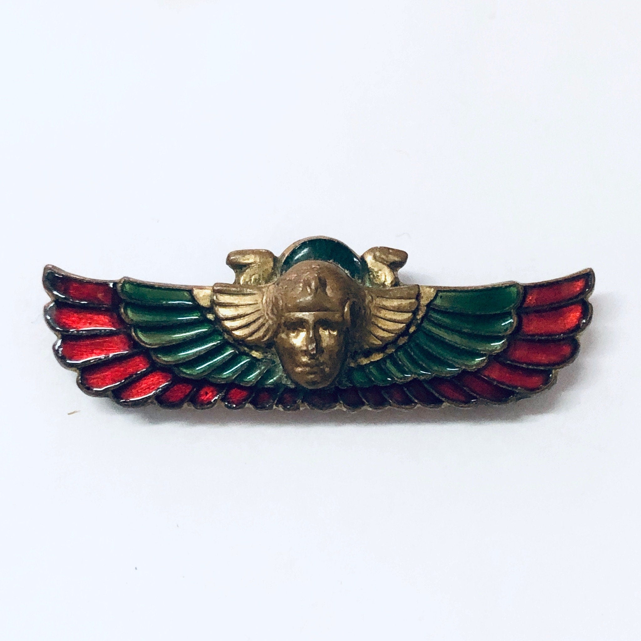 Vintage Brooch, 1920s Pin, Egyptian Revival Pin, Enameled Pin, Egyptian Jewelry, Winged Pin, Green Pin, Red Pin, Brass Tone, Vintage Jewelry