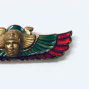 Vintage Brooch, 1920s Pin, Egyptian Revival Pin, Enameled Pin, Egyptian Jewelry, Winged Pin, Green Pin, Red Pin, Brass Tone, Vintage Jewelry