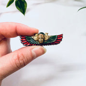 Vintage Brooch, 1920s Pin, Egyptian Revival Pin, Enameled Pin, Egyptian Jewelry, Winged Pin, Green Pin, Red Pin, Brass Tone, Vintage Jewelry