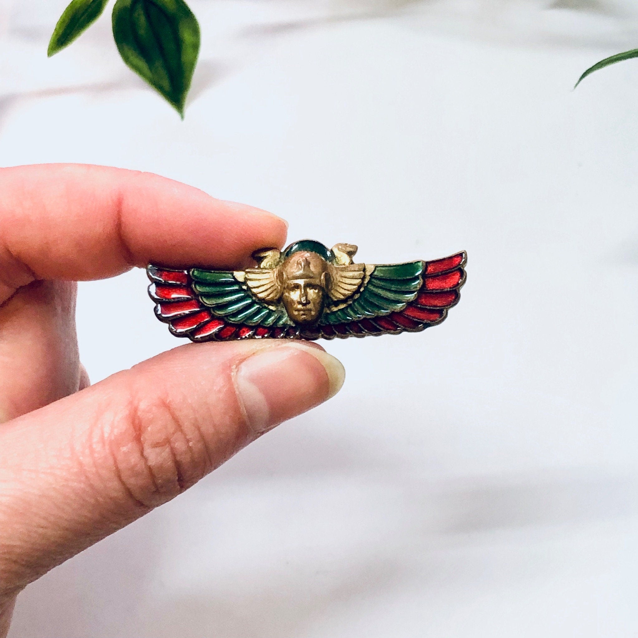 Vintage Brooch, 1920s Pin, Egyptian Revival Pin, Enameled Pin, Egyptian Jewelry, Winged Pin, Green Pin, Red Pin, Brass Tone, Vintage Jewelry