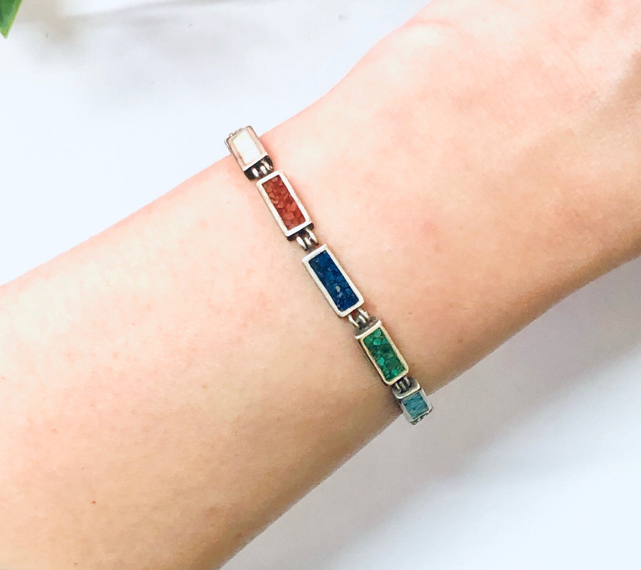 Vintage Bracelet, Link Bracelet, Turquoise Jewelry, Silver Bracelet, Malachite Bracelet, Mother Of Pearl, Blue Lapis Bracelet, 925 Bracelet