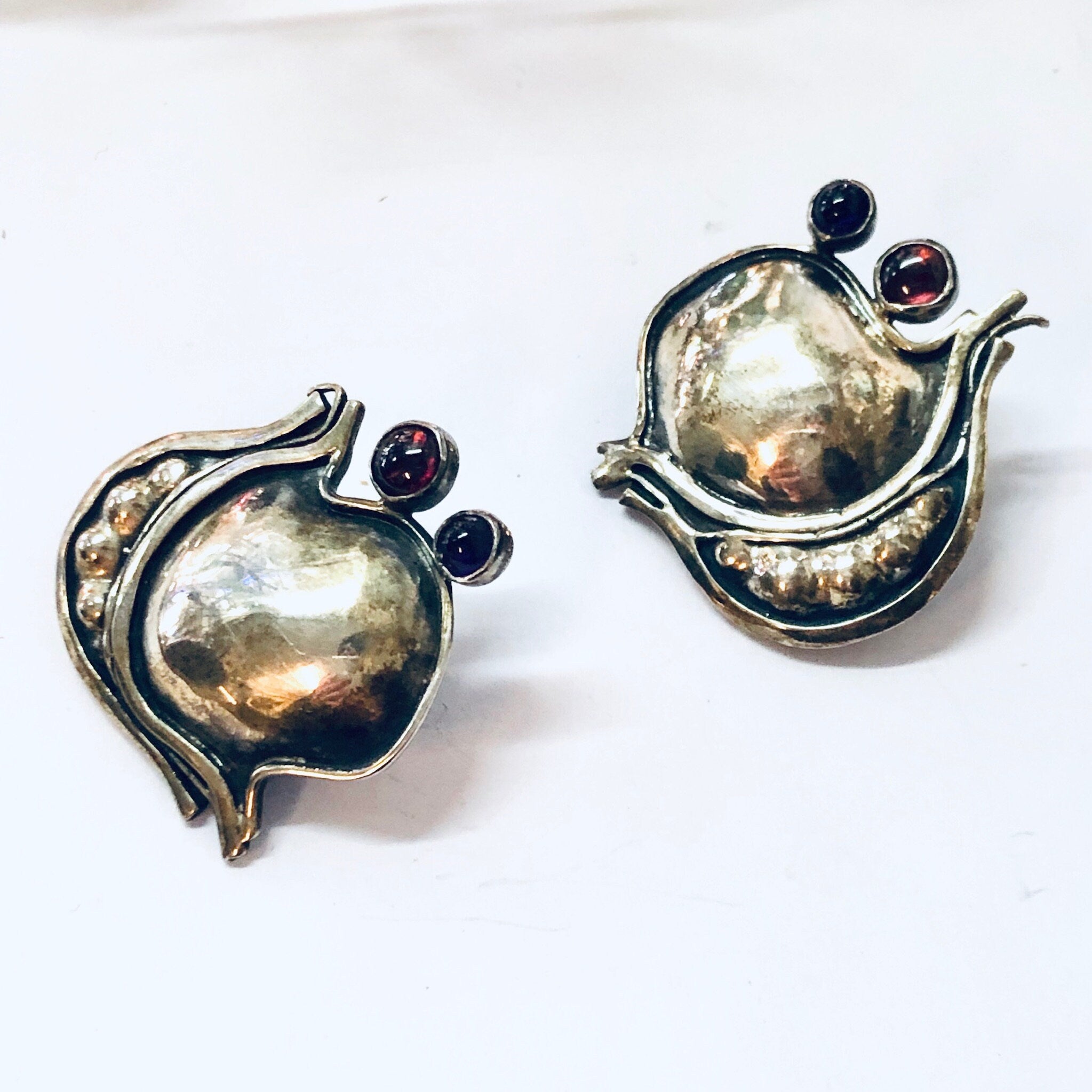 Vintage Earrings, Silver Earrings, Abstract jewelry, Statement Jewelry, Pierced Ears, Purple Gemstones, Silver and Purple, Large earrings