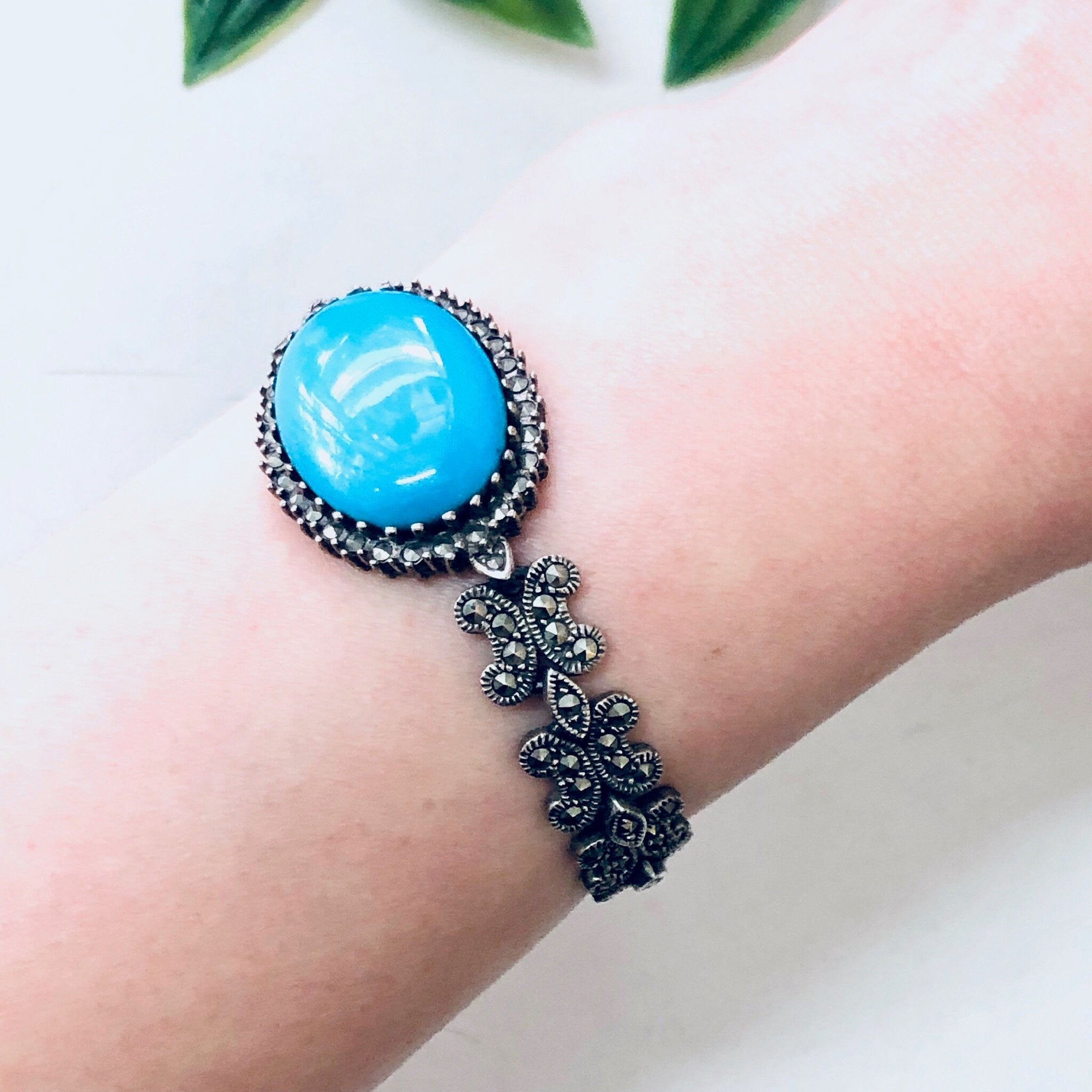 Vintage Bracelet, Turquoise Bracelet, Marcasite Jewelry, Silver Bracelet, Blue and Silver, Vintage Jewelry, Link Bracelet, Sparkly Jewelry