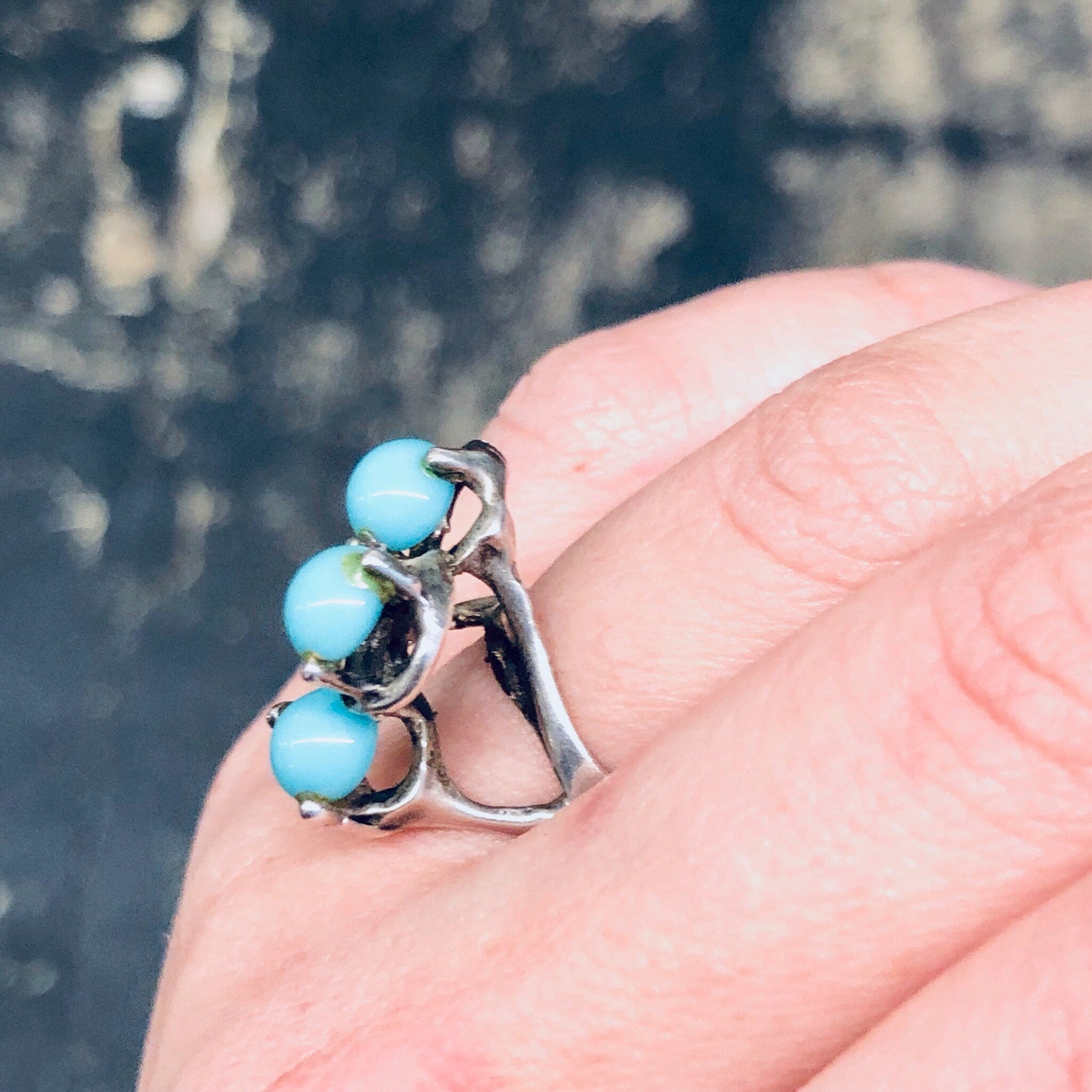 Vintage Silver Ring, Turquoise Ring, Turquoise Beads, Southwestern Ring, Vintage Jewelry, Unique Jewelry, Abstract Ring, 925 Ring, Blue Ring