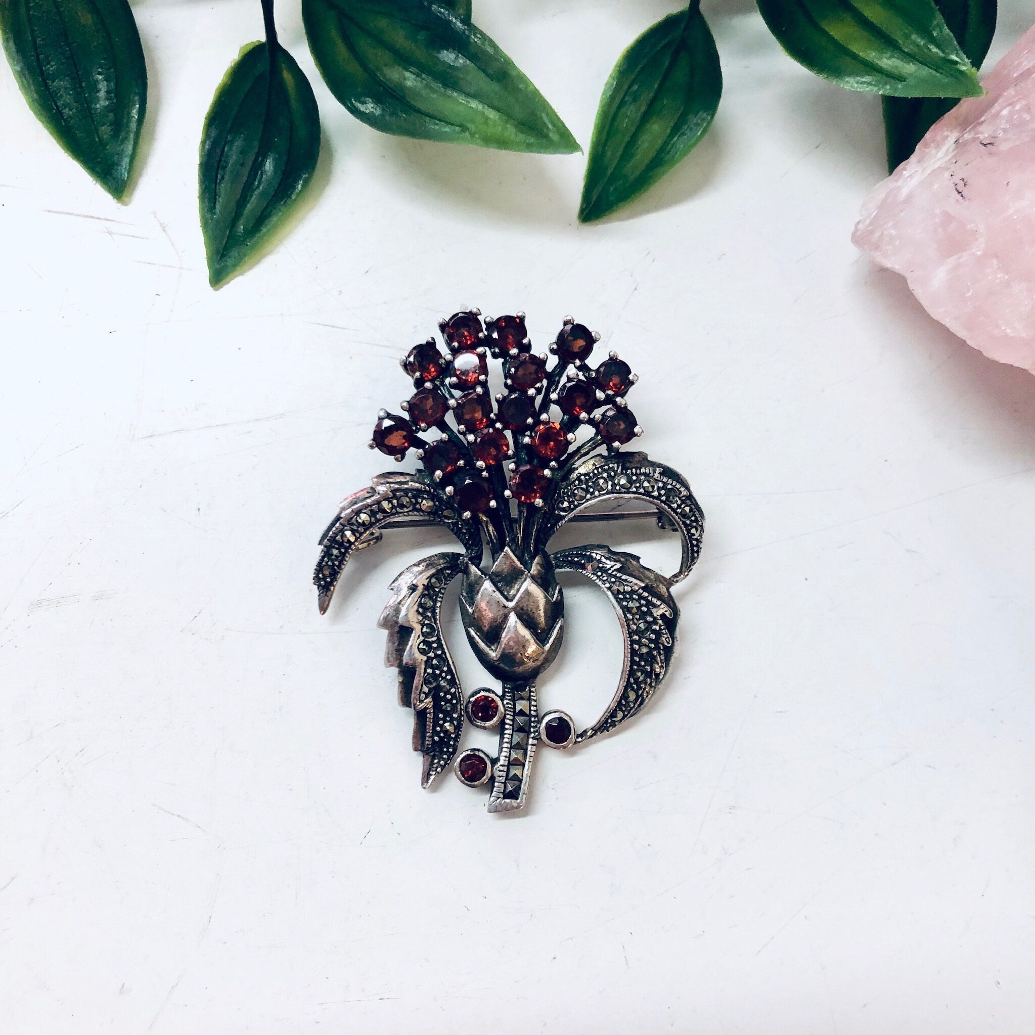 Vintage Silver Brooch, Marcasite Brooch, Garnet Jewelry, Vintage Jewelry, Floral Bouquet Pin, Vintage Pin, Red and Silver, Unique Jewelry