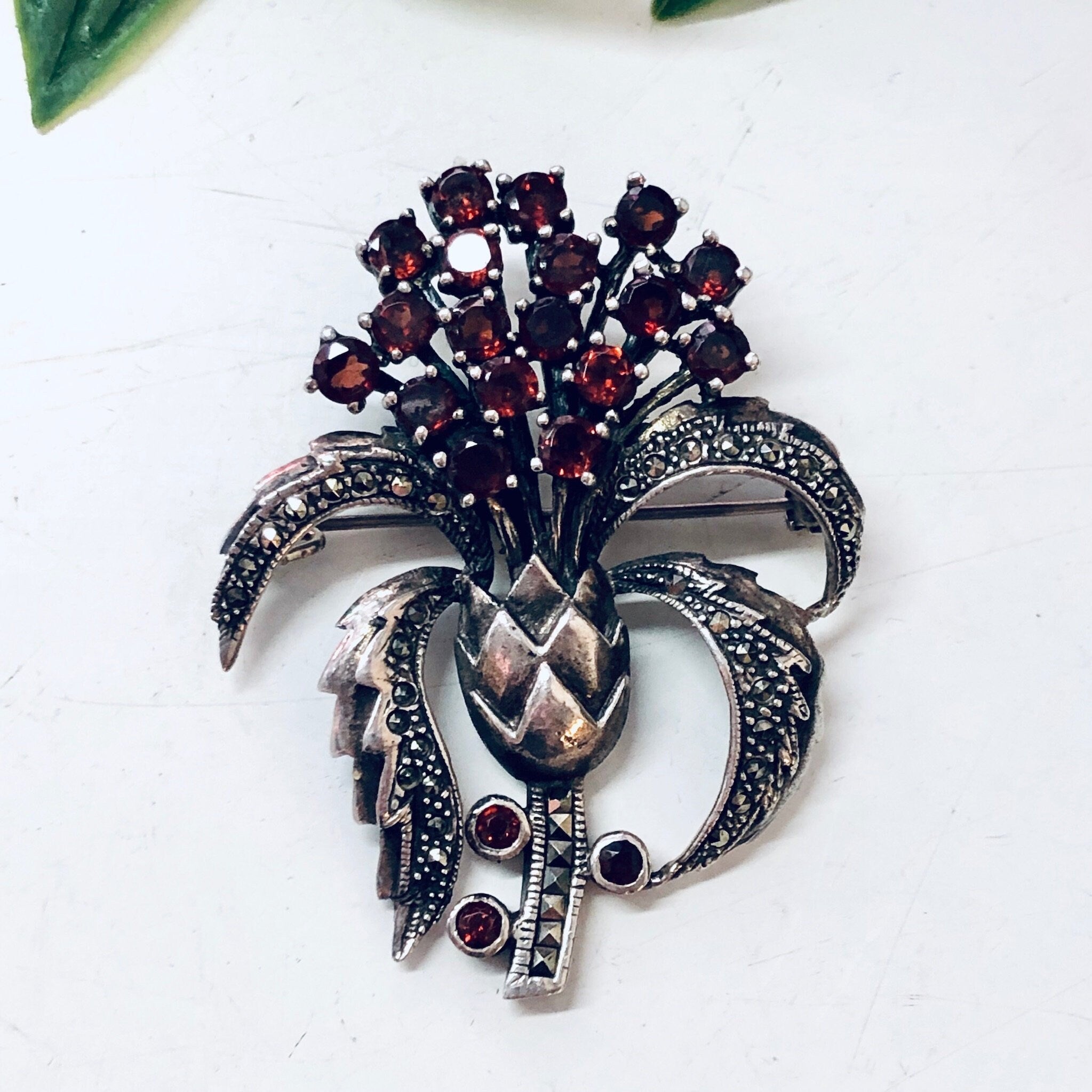 Vintage Silver Brooch, Marcasite Brooch, Garnet Jewelry, Vintage Jewelry, Floral Bouquet Pin, Vintage Pin, Red and Silver, Unique Jewelry