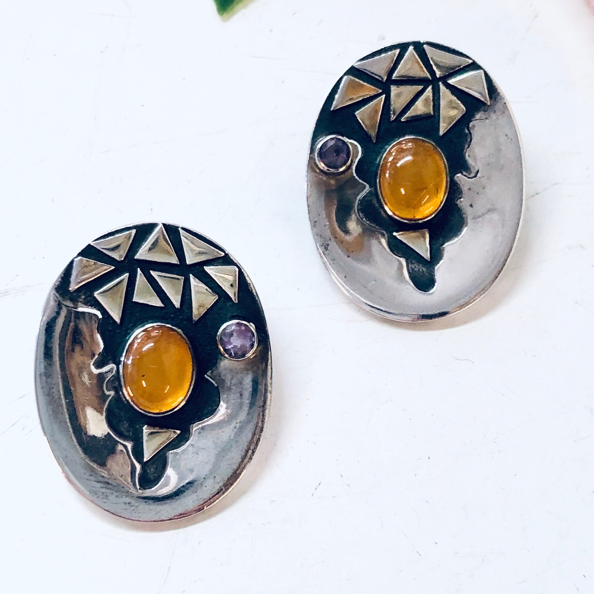 Vintage Silver Earrings, Orange Stone, Amethyst Earrings, Post Earrings, Unique Jewelry, Hippie Earrings, Boho Style, Abstract Earrings, 925