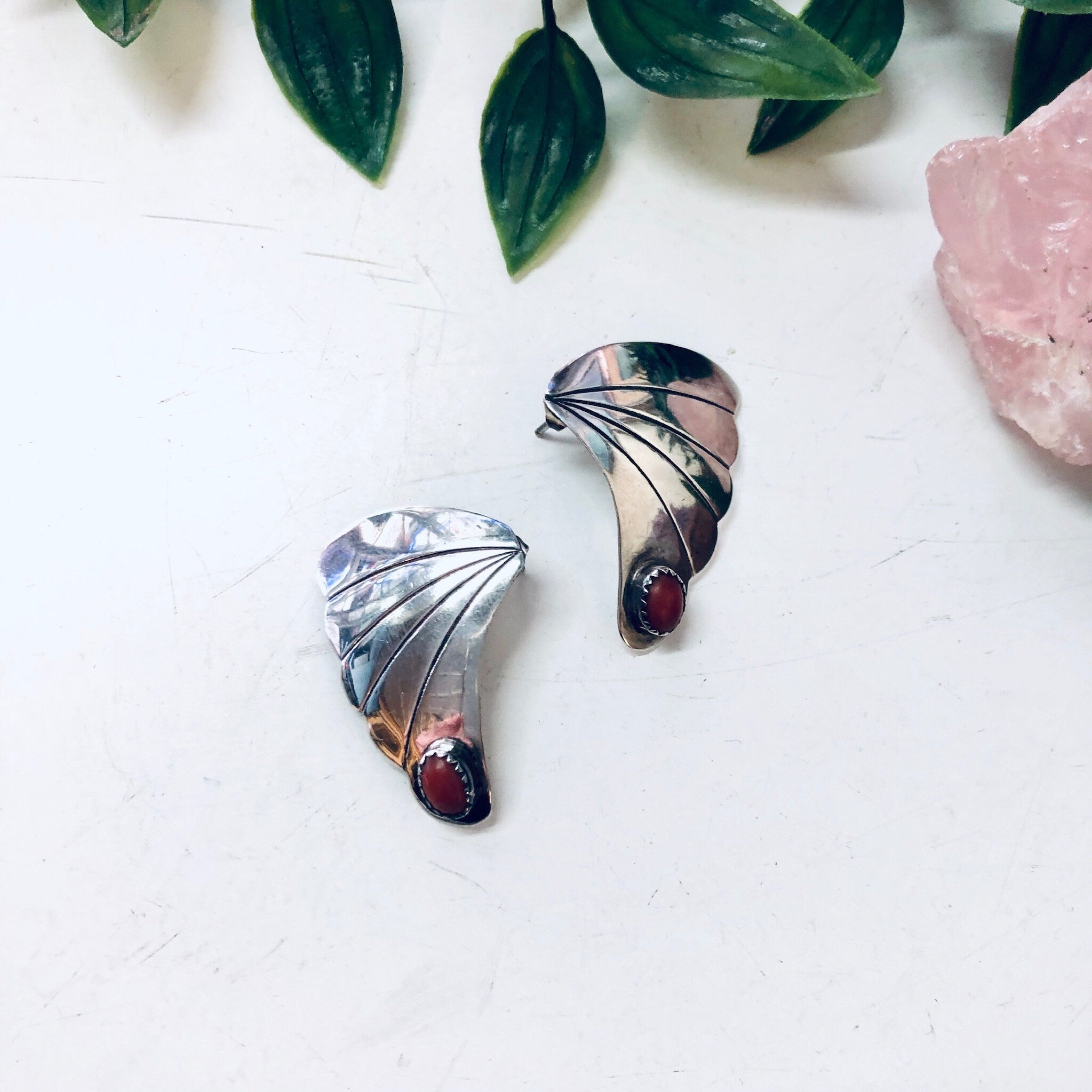 Vintage Silver Earrings, Fan Earrings, Coral Jewelry, Vintage Jewelry, Post Earrings, Pierced Ears, Silver and Orange, Coral Stones, 925