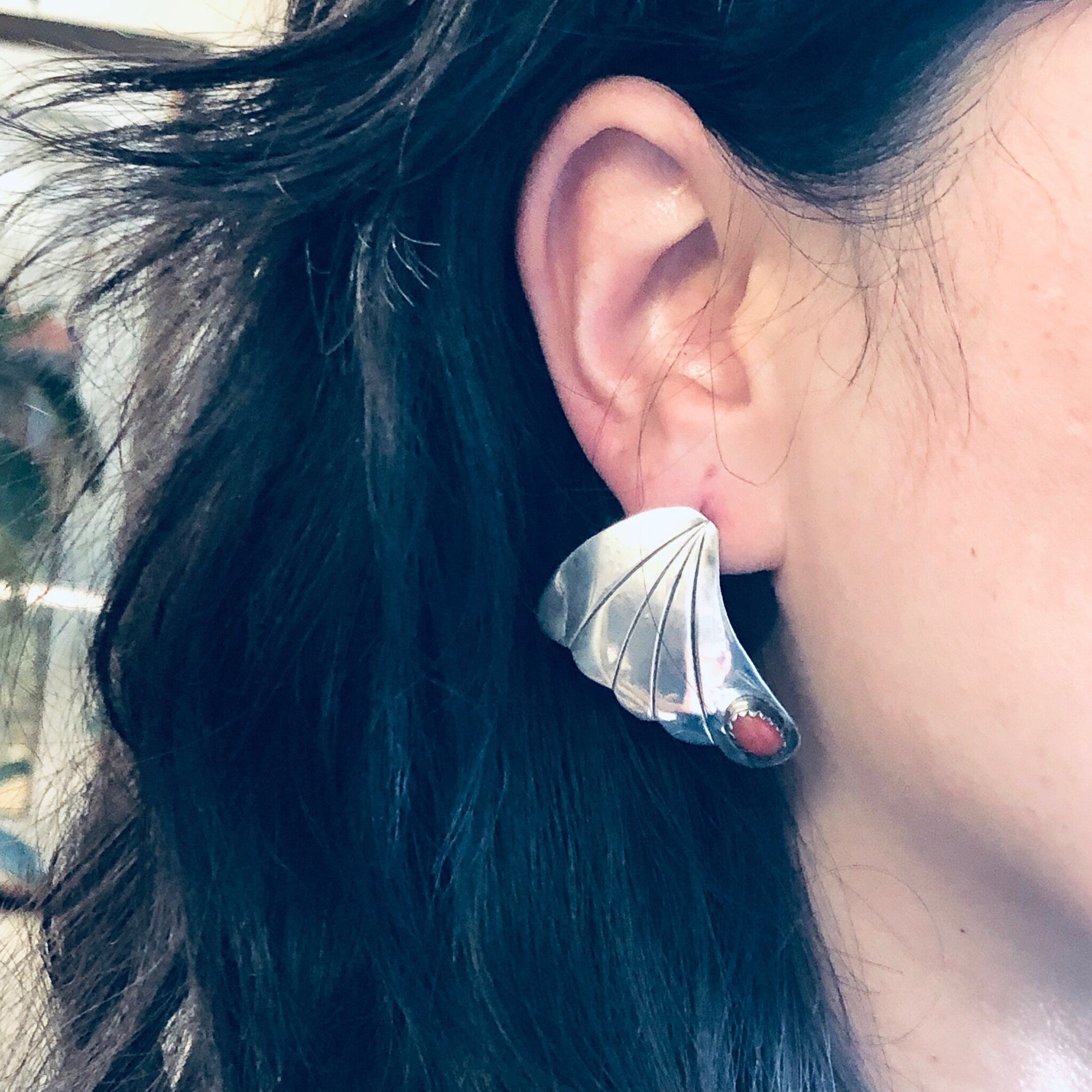 Vintage Silver Earrings, Fan Earrings, Coral Jewelry, Vintage Jewelry, Post Earrings, Pierced Ears, Silver and Orange, Coral Stones, 925