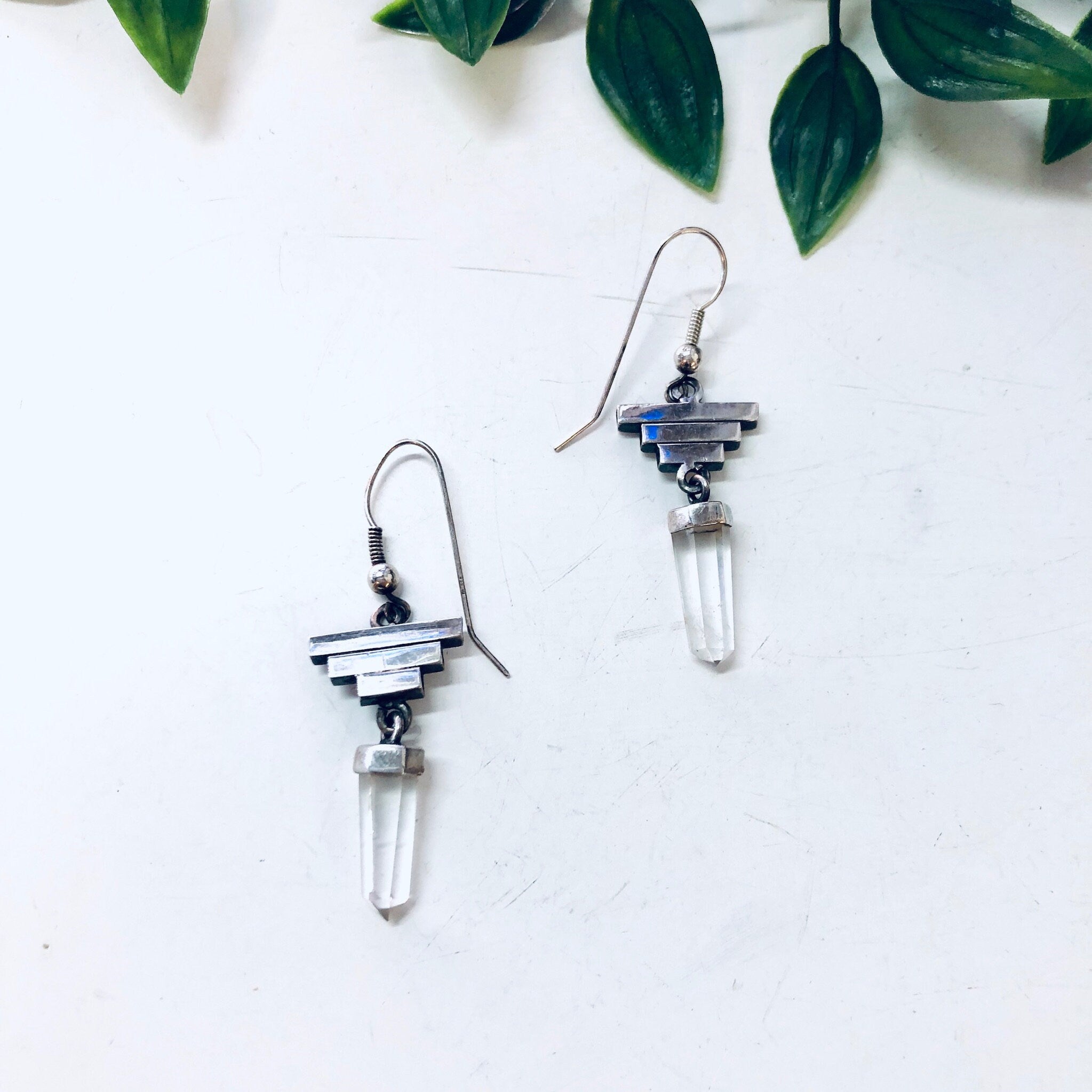 Vintage Silver Earrings, Pyramid Earrings, Quartz Earrings, Vintage Jewelry, Dangle Earrings, Statement Jewelry, Crystal Earrings, Healing