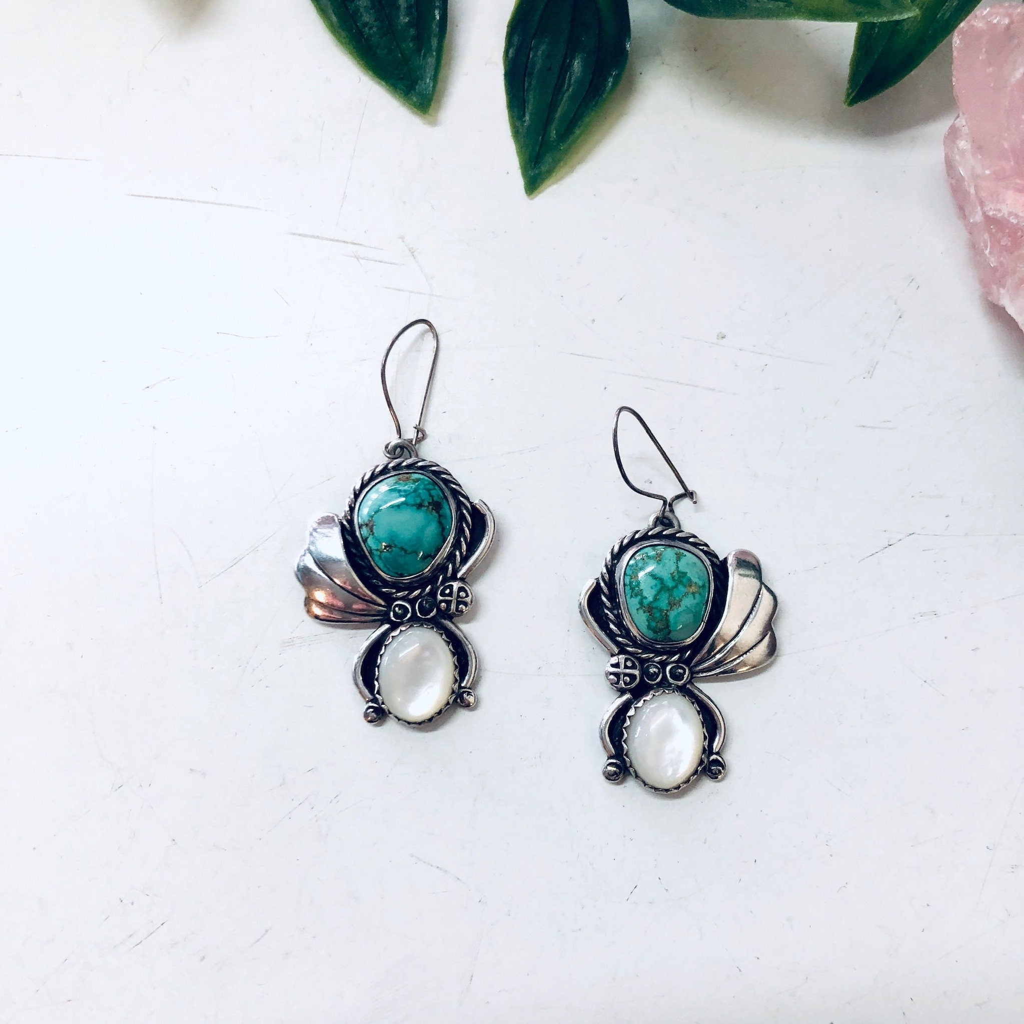 Vintage Silver Earrings, Turquoise Earrings, Mother of Pearl, Green and White, Vintage Jewelry, Green Turquoise, Dangle Earrings, Boho Style