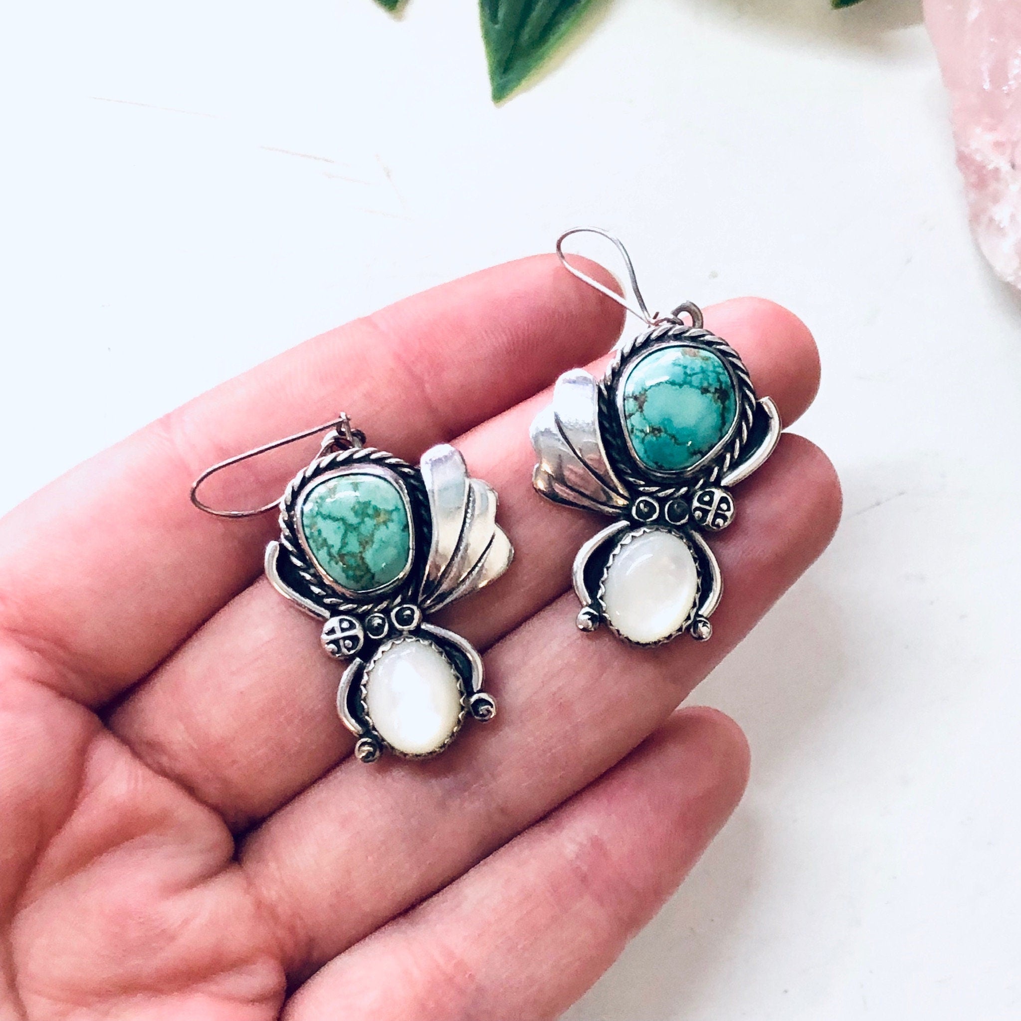 Vintage Silver Earrings, Turquoise Earrings, Mother of Pearl, Green and White, Vintage Jewelry, Green Turquoise, Dangle Earrings, Boho Style