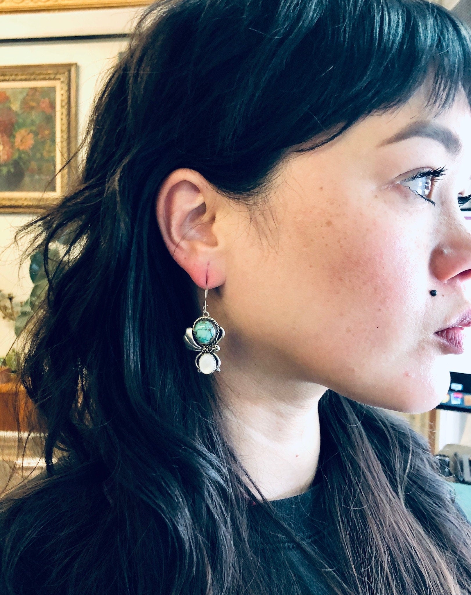 Vintage Silver Earrings, Turquoise Earrings, Mother of Pearl, Green and White, Vintage Jewelry, Green Turquoise, Dangle Earrings, Boho Style