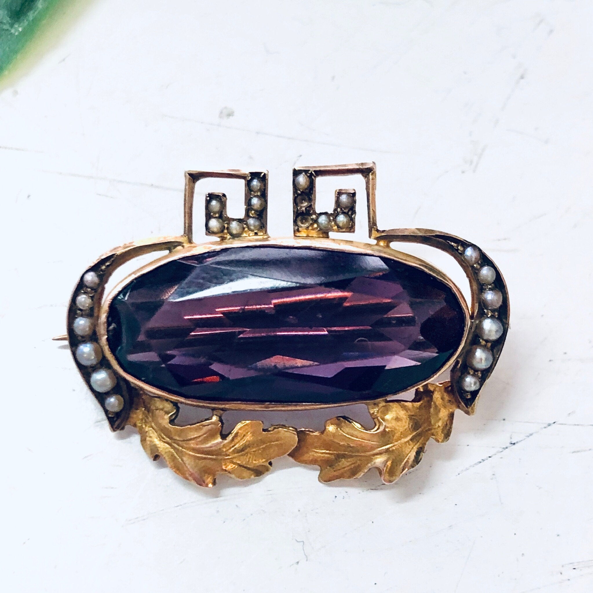 Vintage Gold Brooch, 10 Karat Gold Pin, 10K Yellow Gold, Amethyst Brooch, Vintage Pin, Vintage Jewelry, Unique Jewelry, Pearl Brooch, Purple