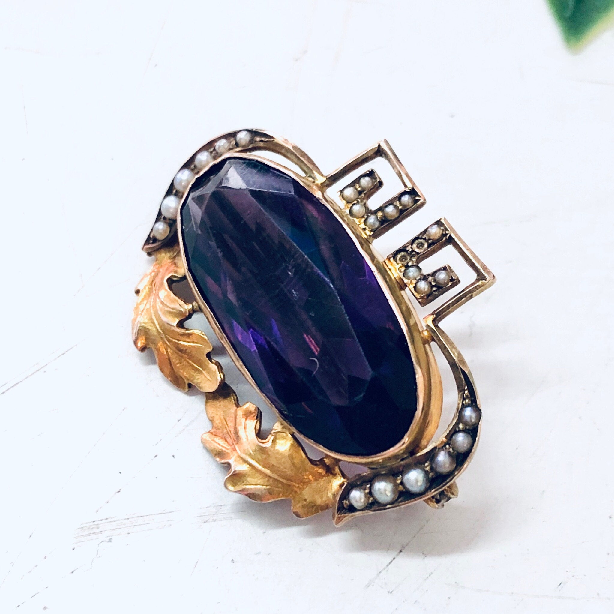 Vintage Gold Brooch, 10 Karat Gold Pin, 10K Yellow Gold, Amethyst Brooch, Vintage Pin, Vintage Jewelry, Unique Jewelry, Pearl Brooch, Purple