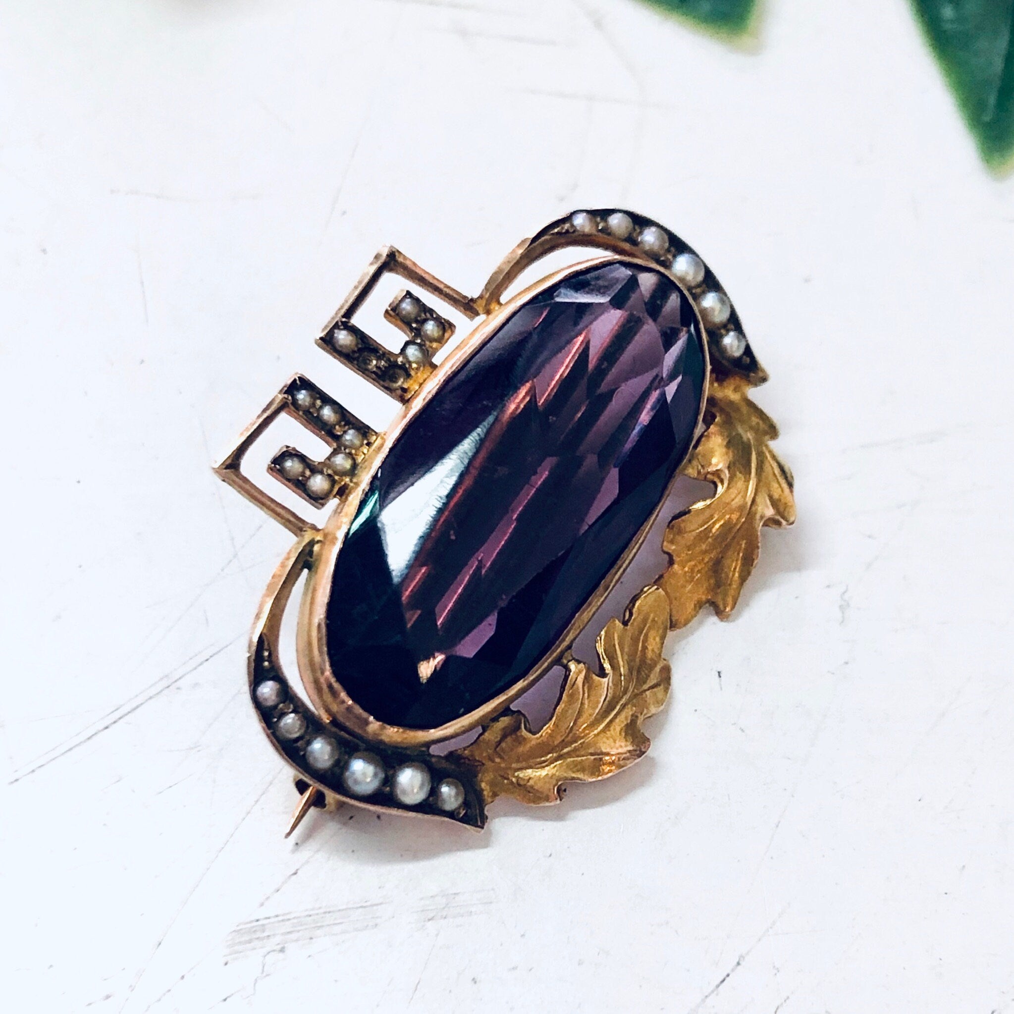 Vintage Gold Brooch, 10 Karat Gold Pin, 10K Yellow Gold, Amethyst Brooch, Vintage Pin, Vintage Jewelry, Unique Jewelry, Pearl Brooch, Purple