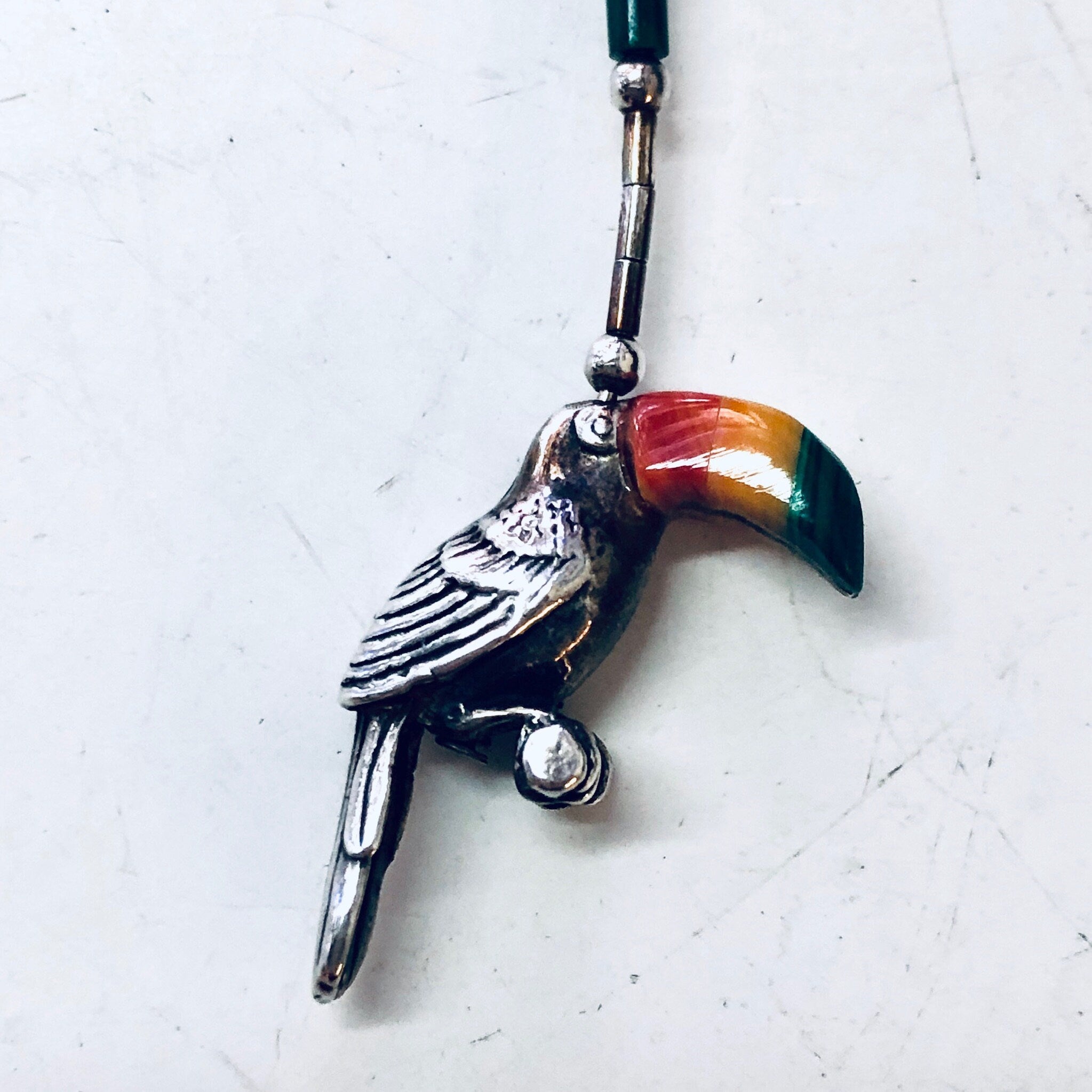 Vintage Silver Earrings, Toucan Earrings, Bird Jewelry, Malachite Earrings, Dangle Earrings, Pierced Ears, Perched Bird, Natural Stones, Red