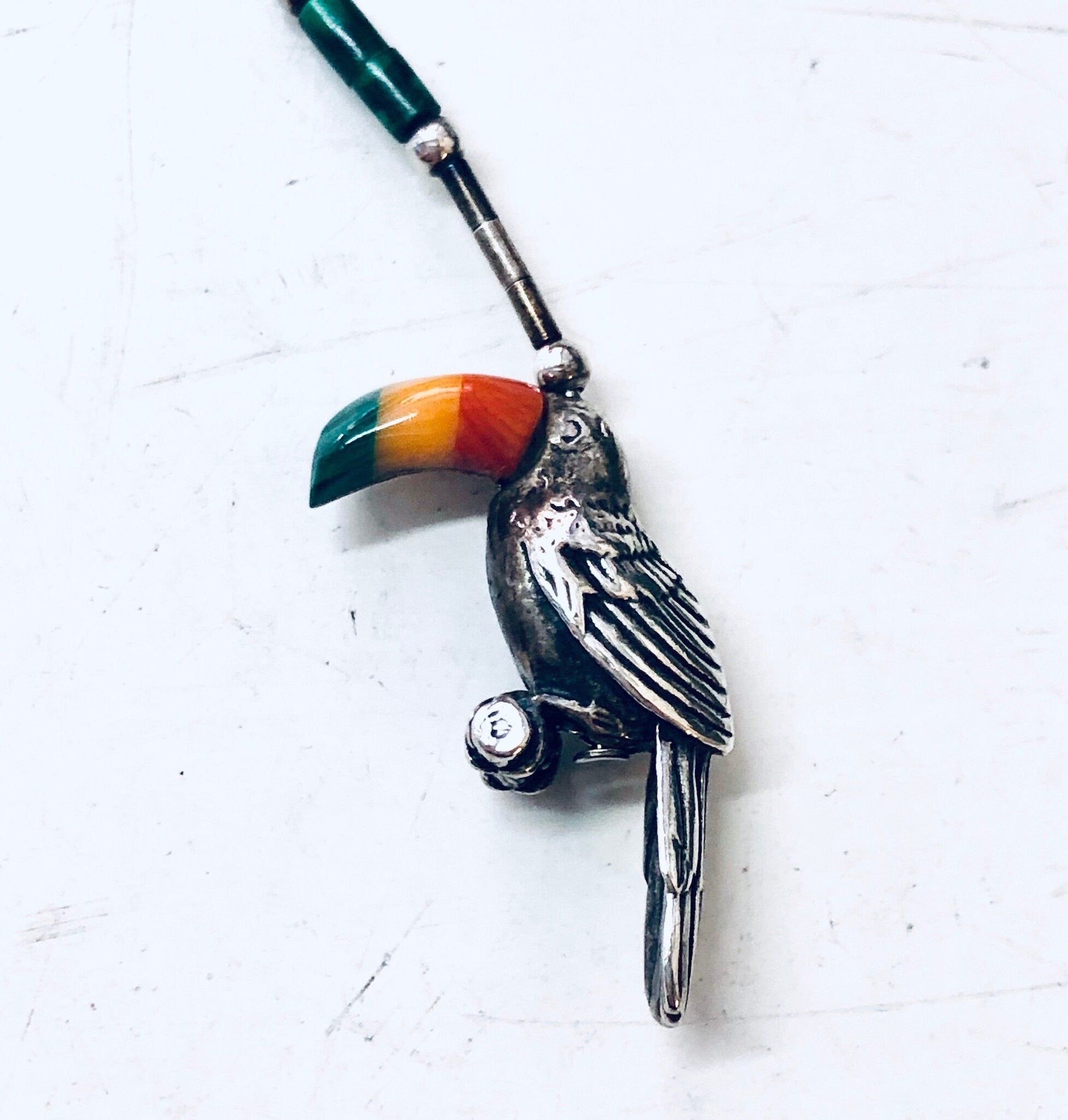 Vintage Silver Earrings, Toucan Earrings, Bird Jewelry, Malachite Earrings, Dangle Earrings, Pierced Ears, Perched Bird, Natural Stones, Red