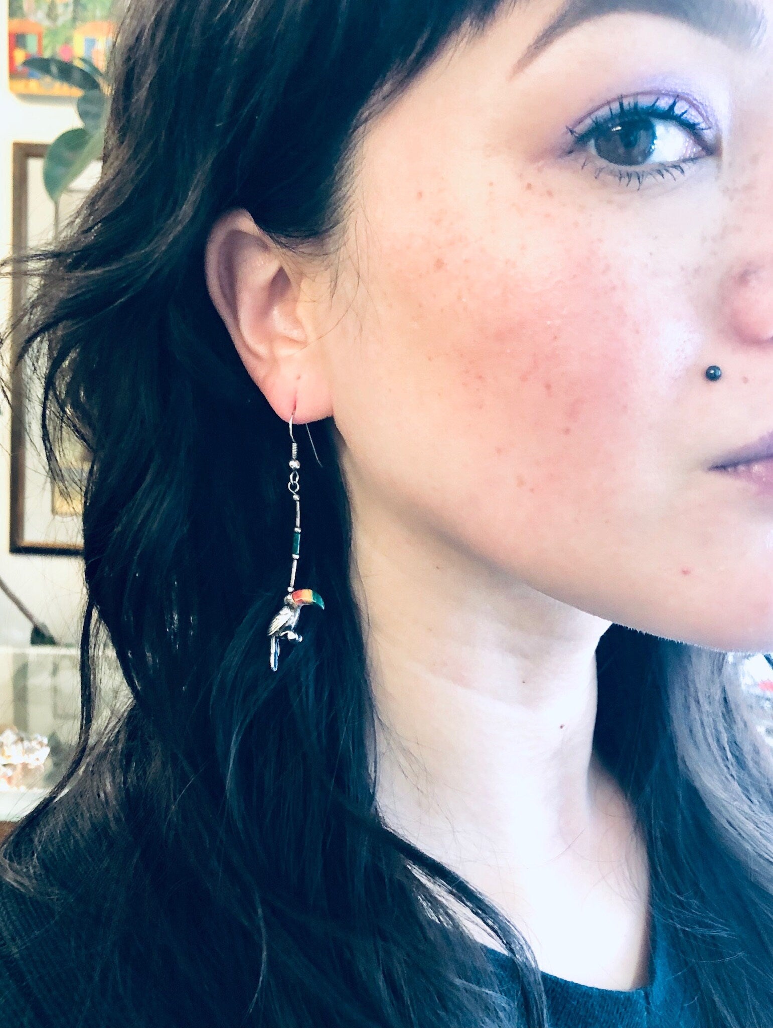 Vintage Silver Earrings, Toucan Earrings, Bird Jewelry, Malachite Earrings, Dangle Earrings, Pierced Ears, Perched Bird, Natural Stones, Red