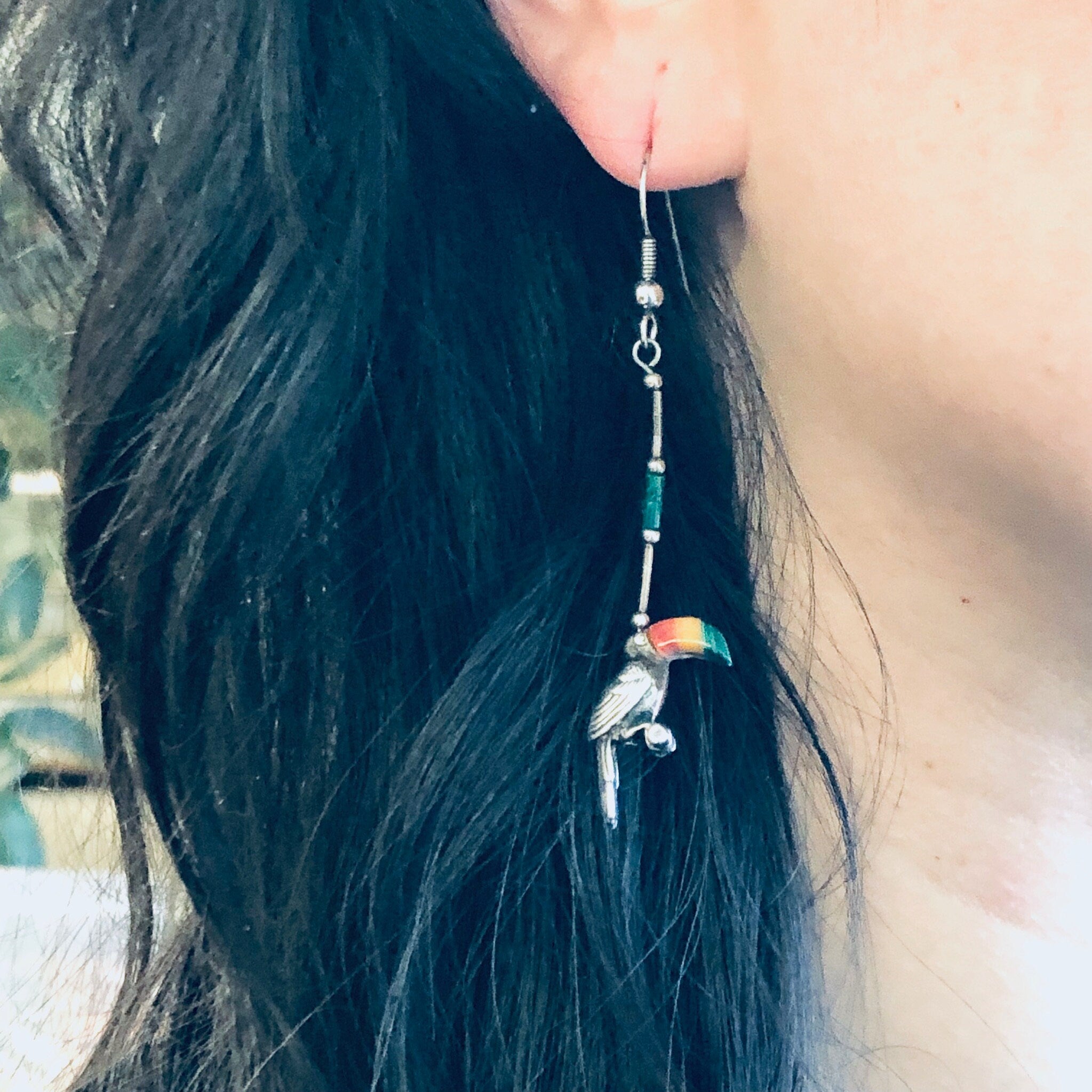 Vintage Silver Earrings, Toucan Earrings, Bird Jewelry, Malachite Earrings, Dangle Earrings, Pierced Ears, Perched Bird, Natural Stones, Red