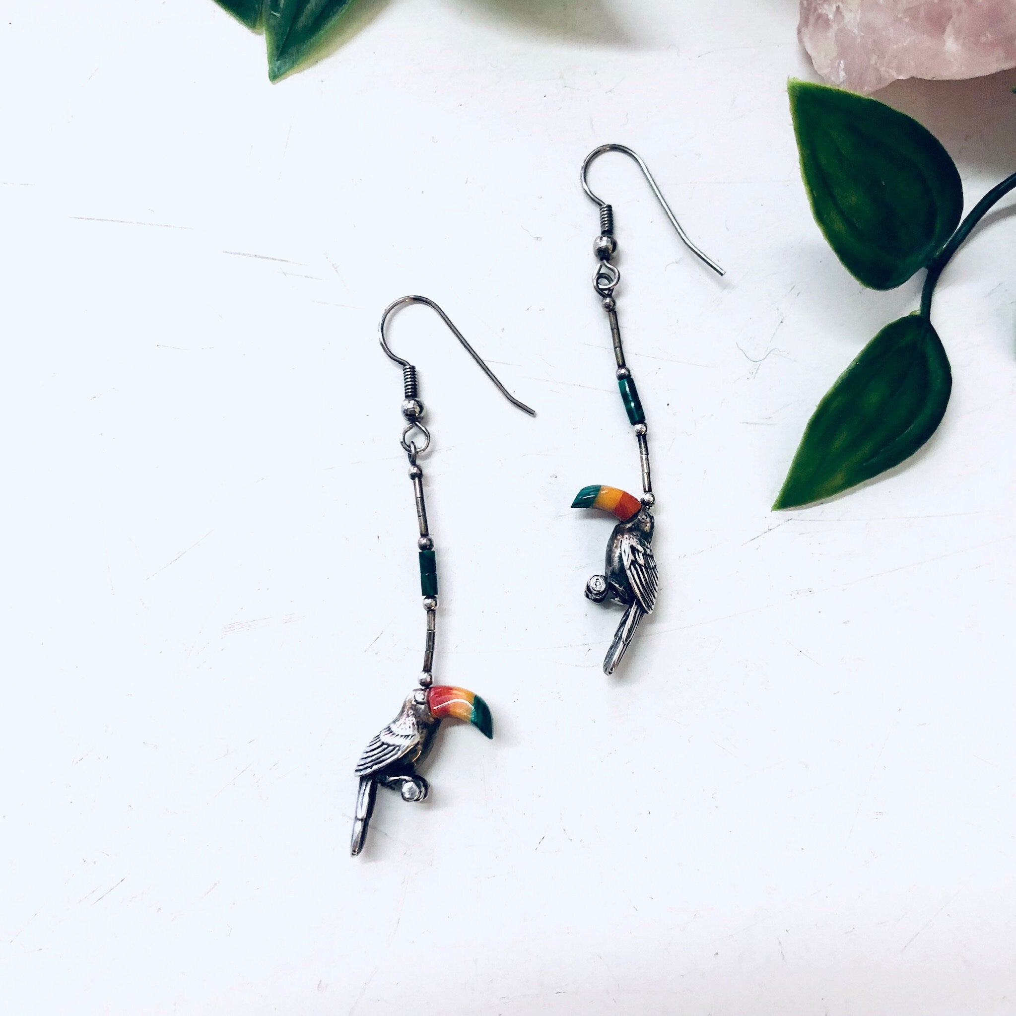 Vintage Silver Earrings, Toucan Earrings, Bird Jewelry, Malachite Earrings, Dangle Earrings, Pierced Ears, Perched Bird, Natural Stones, Red