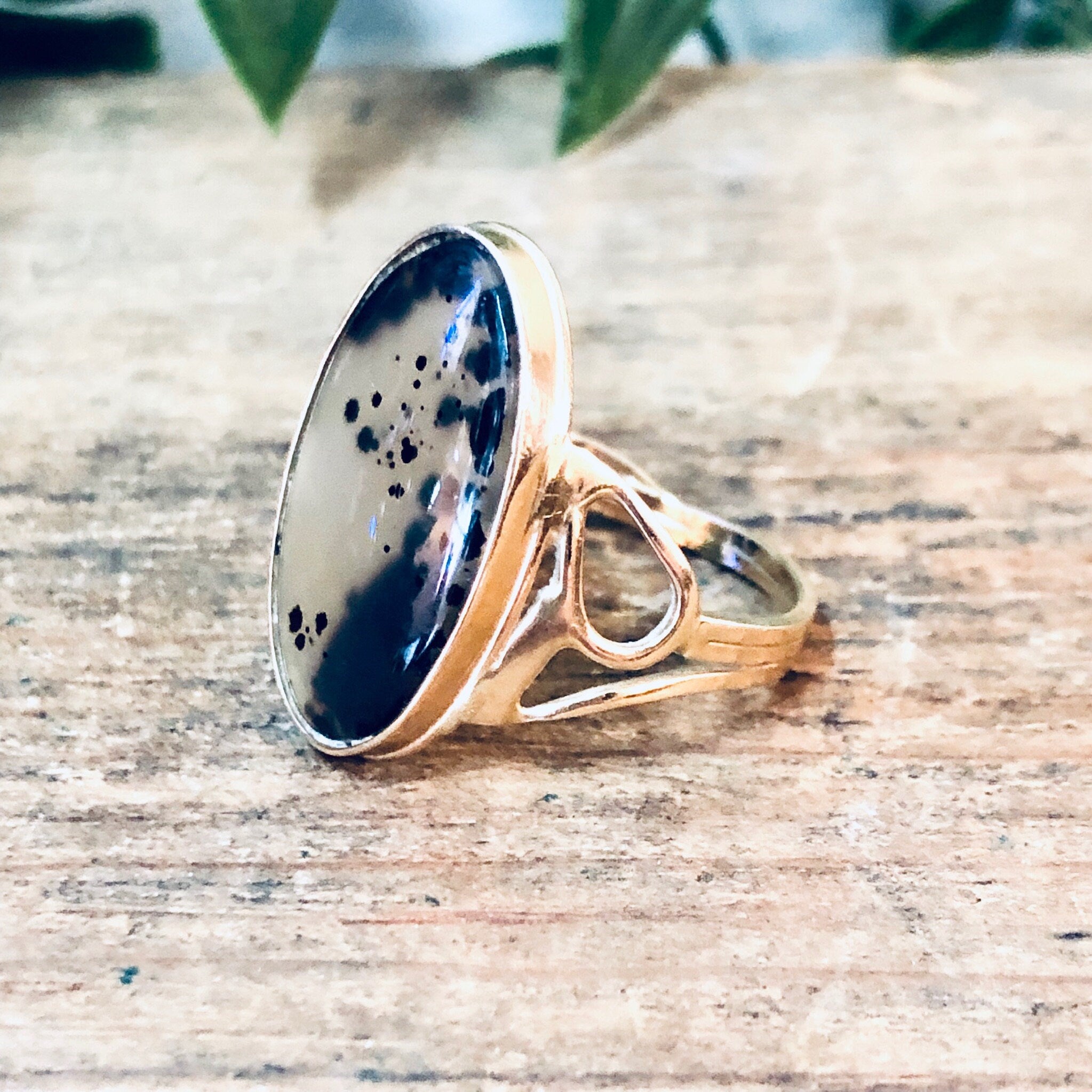 Vintage Ring, Gold Ring, Moss Agate Ring, 14K Ring, 14 Carat Gold, Polished Stone, Natural Stone, Spotted Gemstone, Vintage Jewelry, Gold