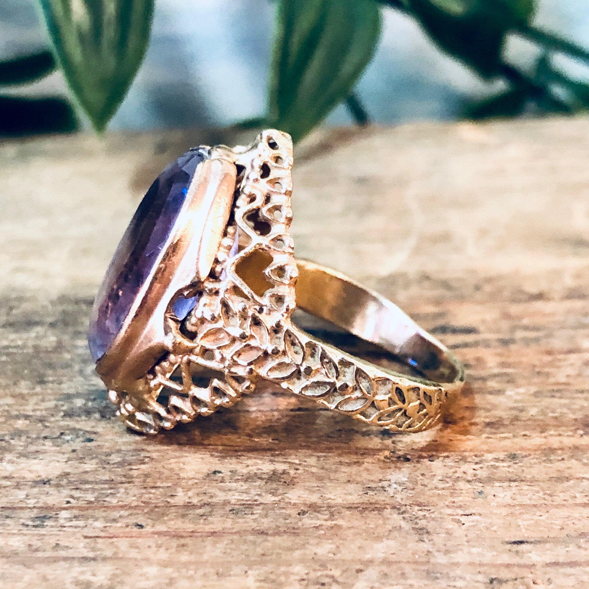Vintage Ring, Gold Ring, Amethyst Ring, 14 Carat Gold, 14K Yellow Gold, Gold and Purple, Large Ring, Statement Ring, Vintage Jewelry, Unique