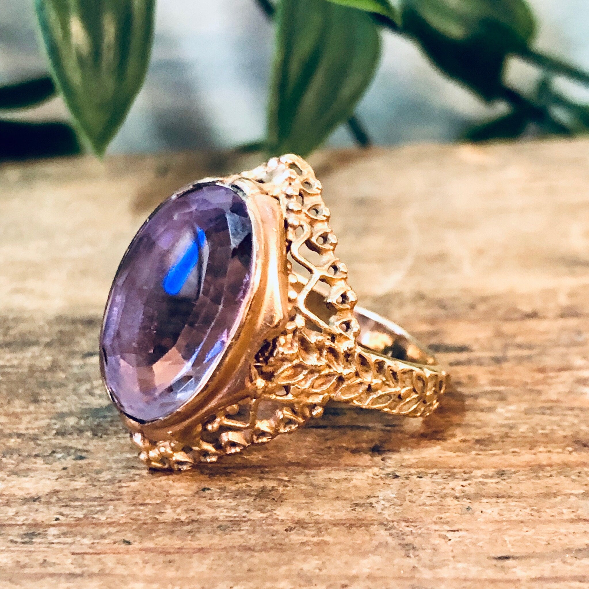 Vintage Ring, Gold Ring, Amethyst Ring, 14 Carat Gold, 14K Yellow Gold, Gold and Purple, Large Ring, Statement Ring, Vintage Jewelry, Unique