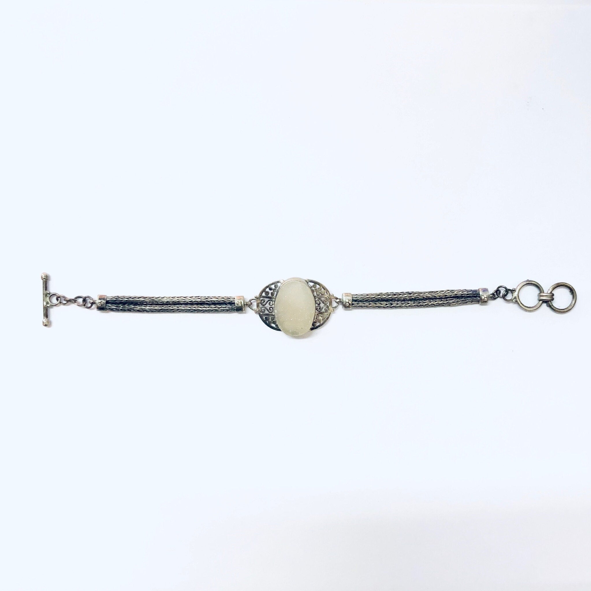 Vintage Bracelet, Silver Bracelet, Druzy Quartz Stone, Raw Quartz, Clear Quartz, Toggle bracelet, Sleek Jewelry, Vintage Jewelry, Silver 925