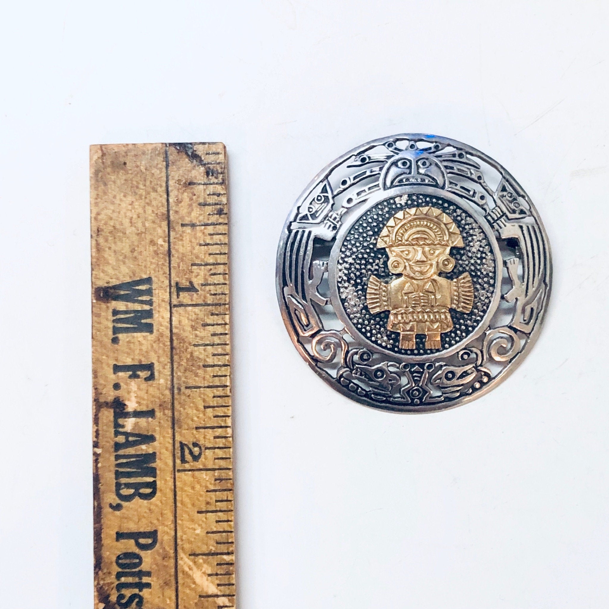 Vintage Silver Brooch, 18K Gold Pin, Vintage Pin, Vintage Jewelry, Made in Peru, Peruvian Jewelry, Round Brooch, 18K Yellow Gold, 925 Brooch