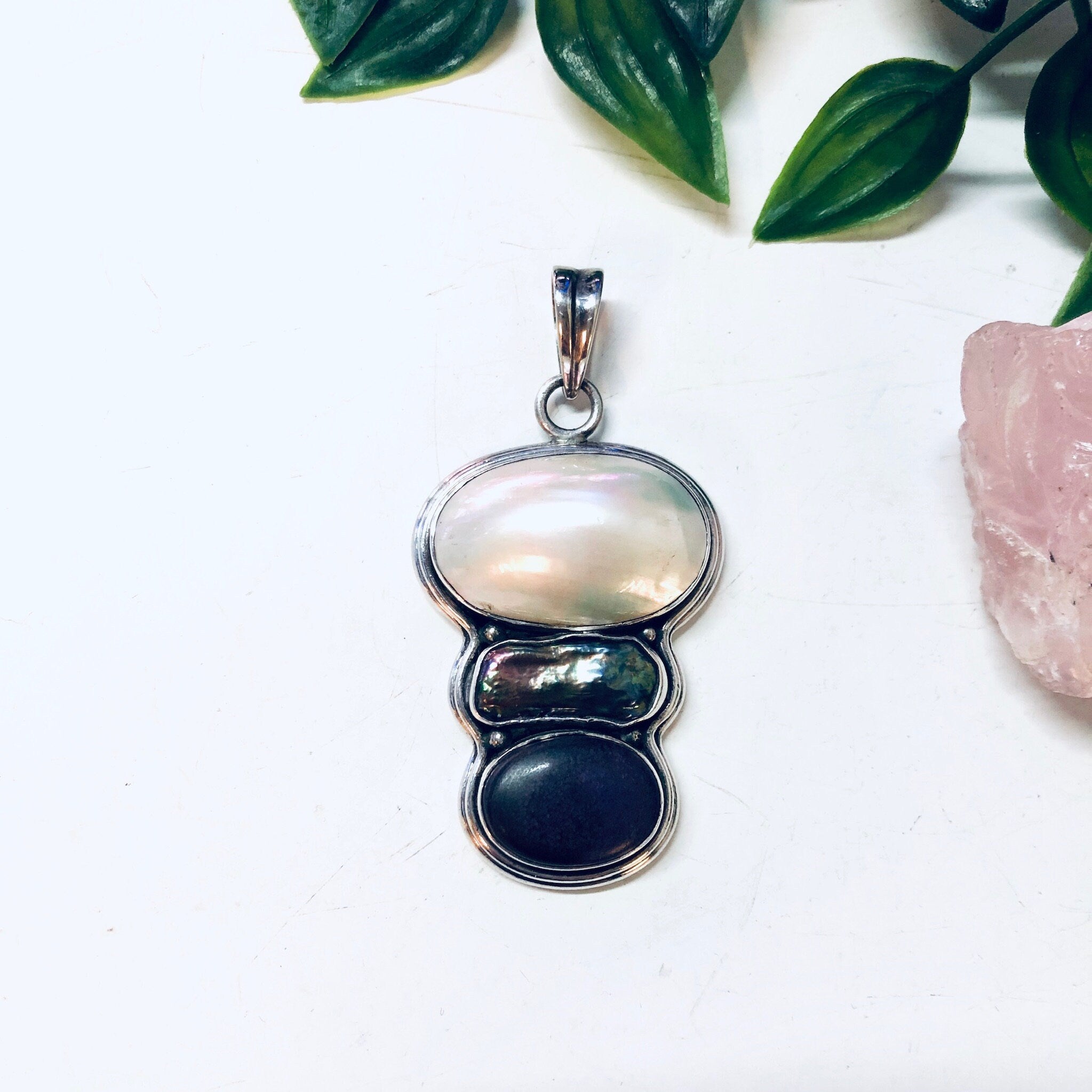 Vintage Silver Pendant, Large Pendant, Pearl Jewelry, Abalone Pendant, Purple Gemstone, Vintage Jewelry, Necklace Pendant, Statement Jewelry
