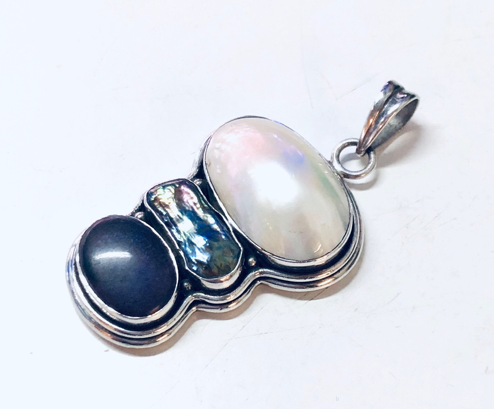 Vintage Silver Pendant, Large Pendant, Pearl Jewelry, Abalone Pendant, Purple Gemstone, Vintage Jewelry, Necklace Pendant, Statement Jewelry