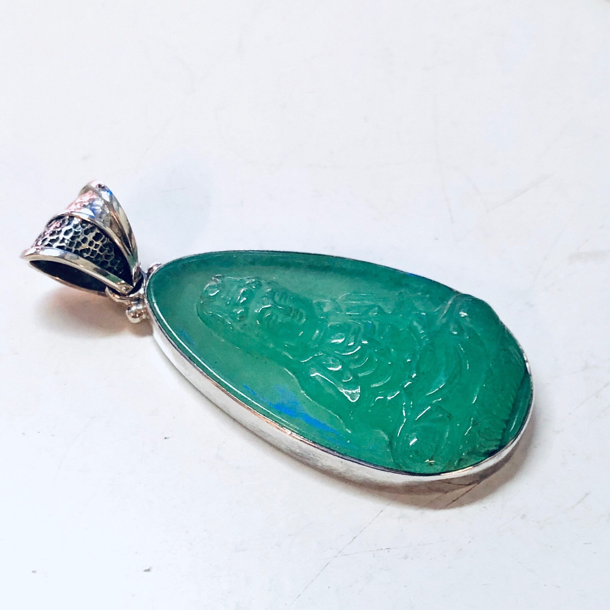 Vintage Pendant, Silver Pendant, Jade Pendant, Jade Buddha, Buddha Jewelry, Vintage Jewelry, Green Jade, Vintage Necklace, 925 Pendant,
