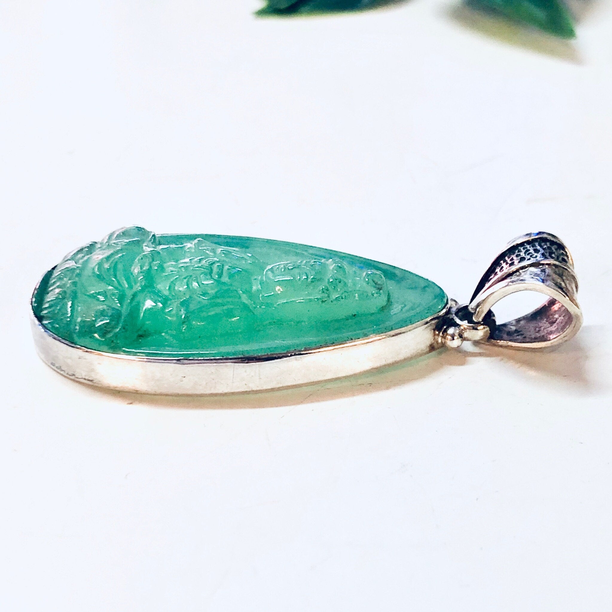 Vintage Pendant, Silver Pendant, Jade Pendant, Jade Buddha, Buddha Jewelry, Vintage Jewelry, Green Jade, Vintage Necklace, 925 Pendant,