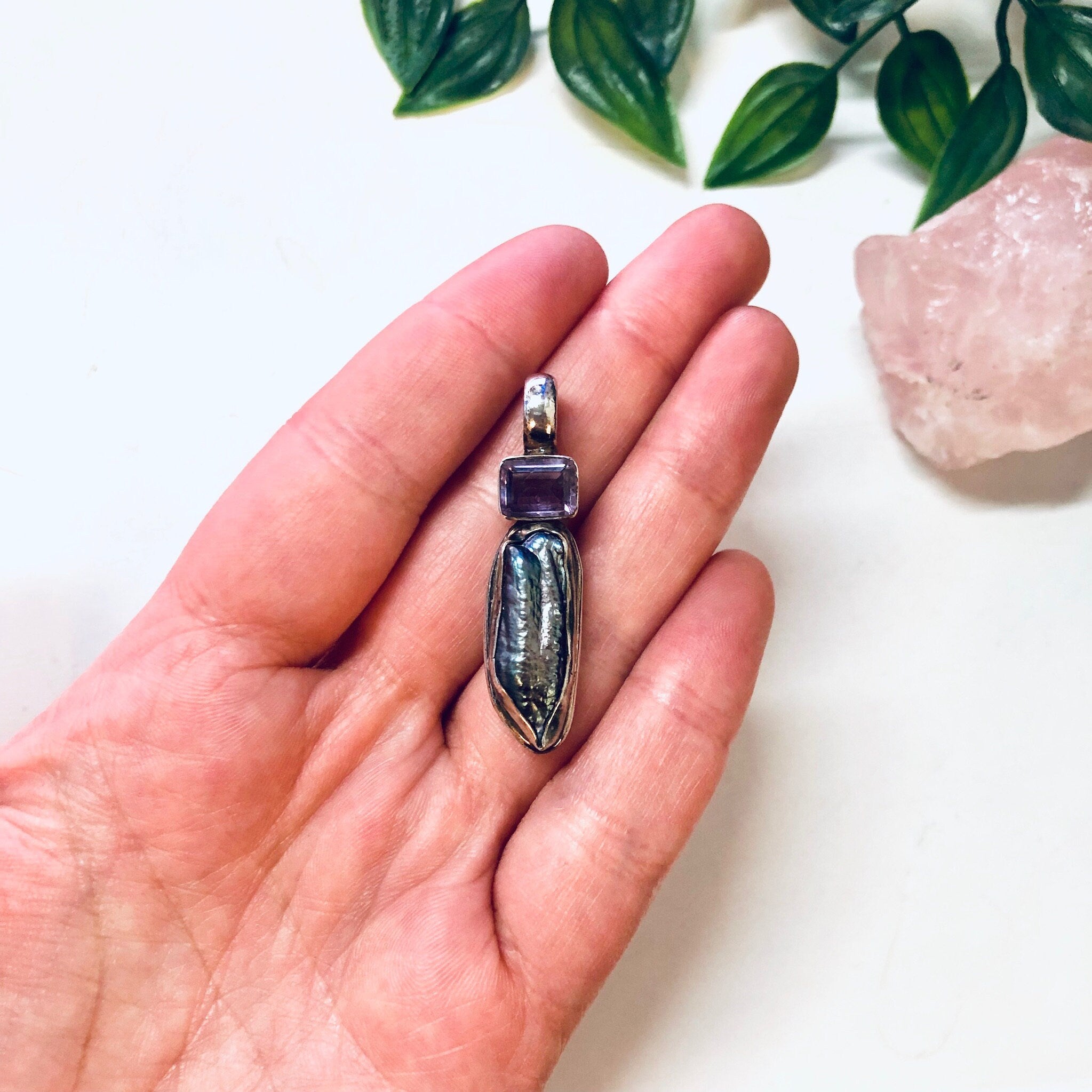 Vintage Pendant, Silver Pendant, Abalone Jewelry, Amethyst Pendant, Vintage Necklace, Purple gemstone, Blue Gemstone, Abalone Necklace, 925
