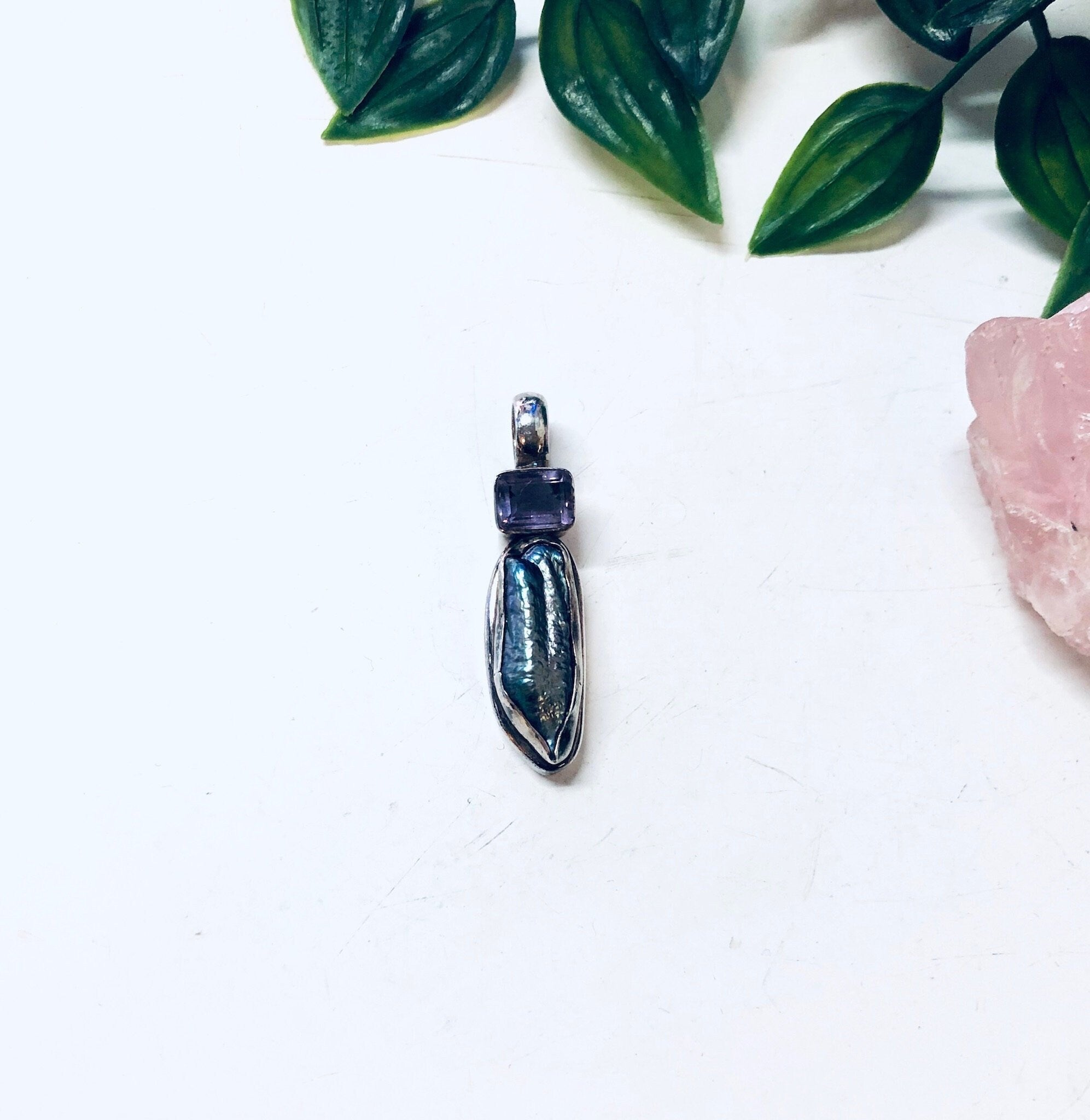 Vintage Pendant, Silver Pendant, Abalone Jewelry, Amethyst Pendant, Vintage Necklace, Purple gemstone, Blue Gemstone, Abalone Necklace, 925