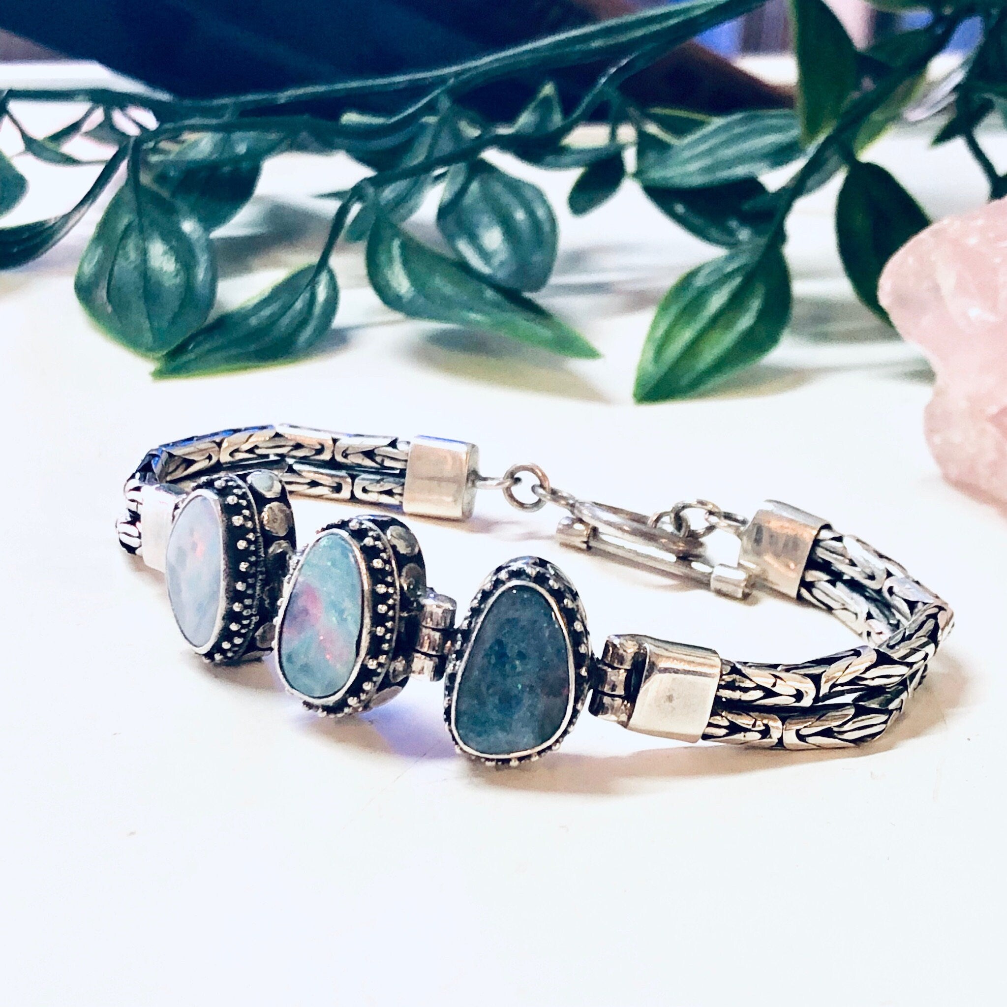 Vintage Bracelet, Silver Bracelet, Blue Opal, Opal Jewelry, Toggle Bracelet, Vintage Jewelry, Birthstone Jewelry, Anniversary Gift, 925 Opal