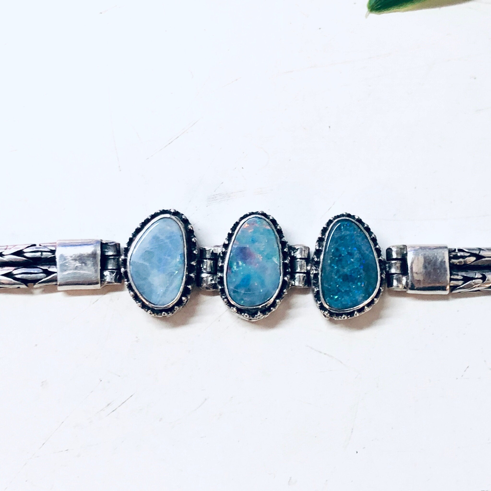 Vintage Bracelet, Silver Bracelet, Blue Opal, Opal Jewelry, Toggle Bracelet, Vintage Jewelry, Birthstone Jewelry, Anniversary Gift, 925 Opal