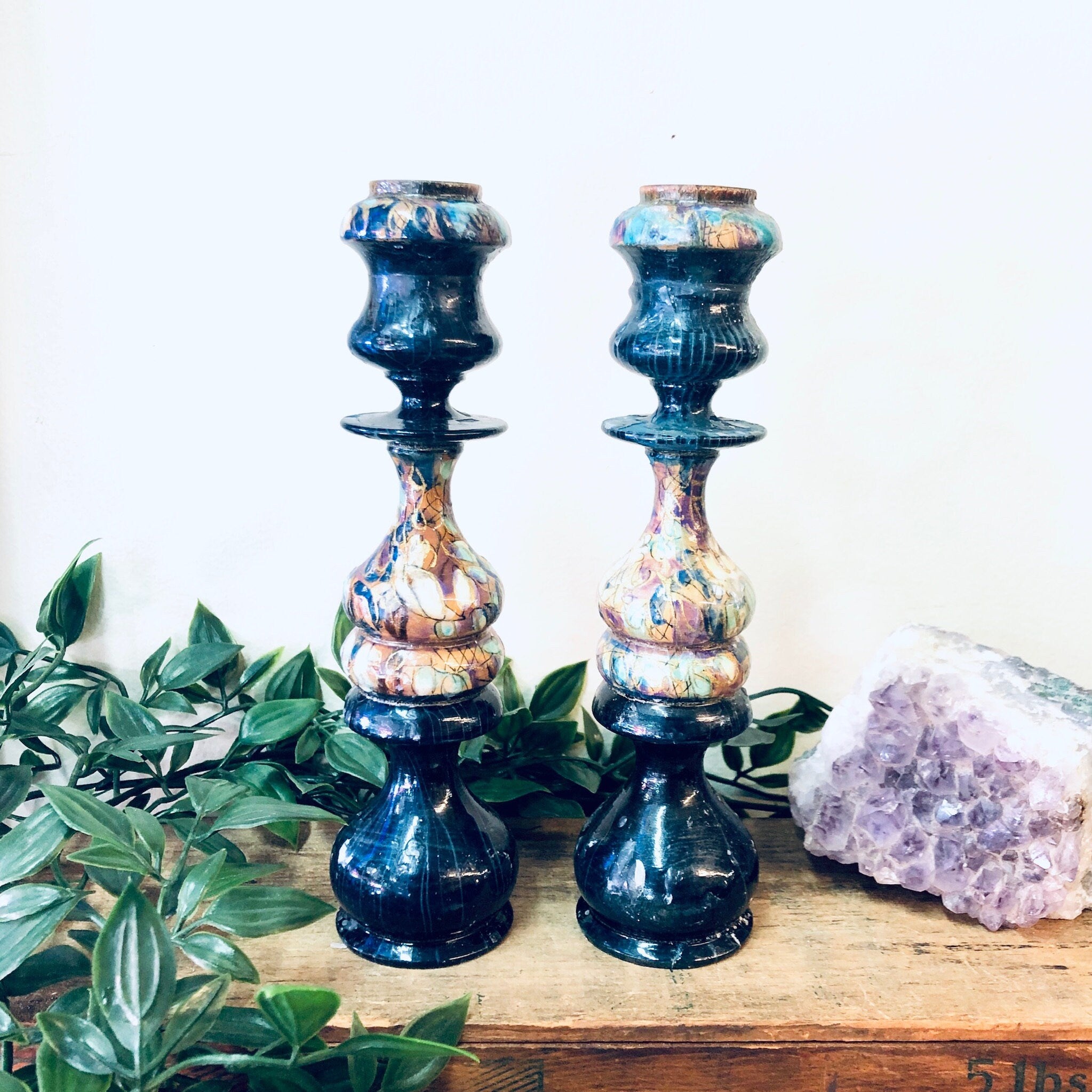 Vintage Candlesticks, Candle Holders, Vintage Home Decor, Wooden Candlesticks, Vintage Lighting, Unique Home Decor, Green, Purple, Pink