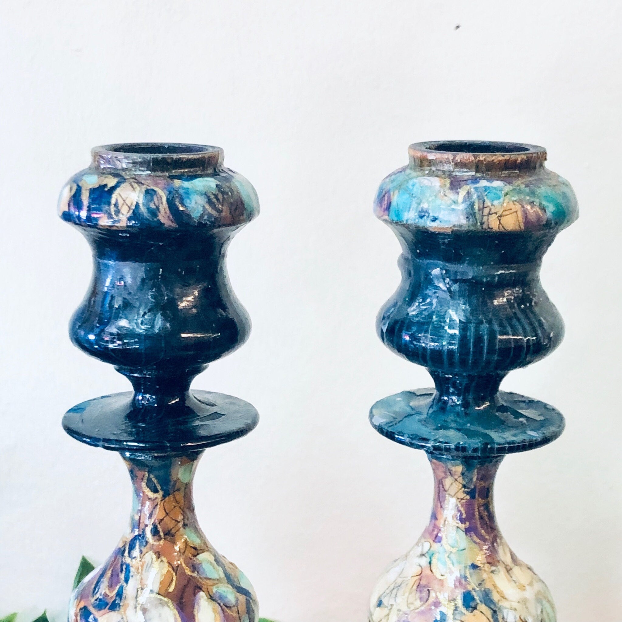 Vintage Candlesticks, Candle Holders, Vintage Home Decor, Wooden Candlesticks, Vintage Lighting, Unique Home Decor, Green, Purple, Pink